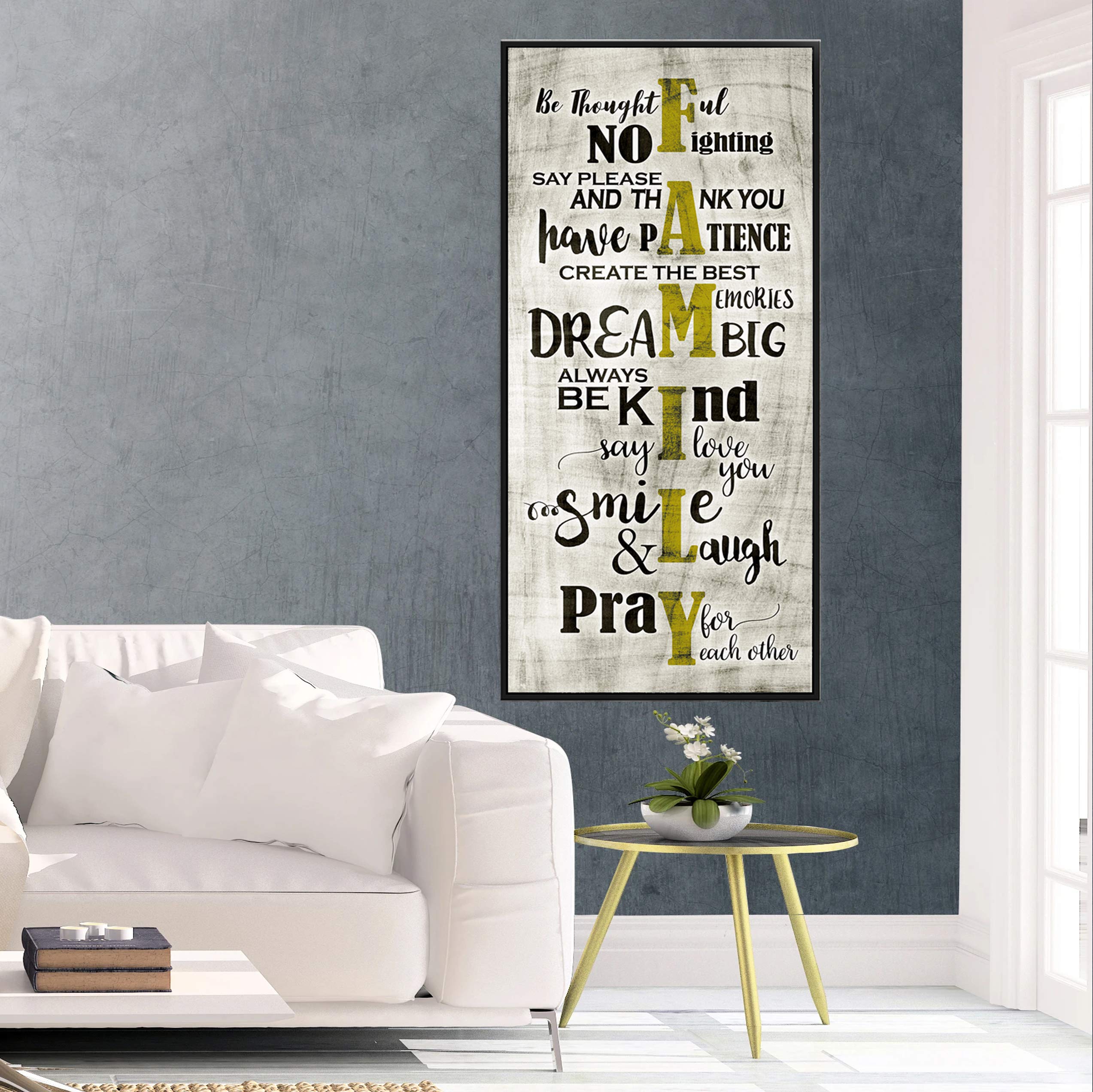 Farmhouse Family Sign Wall Art - Large Canvas Framed Décor for Living Room & Home - Yellow & Black Floating Frame 19x42 - Perfect for Rustic, Modern & Farmhouse Style Interiors