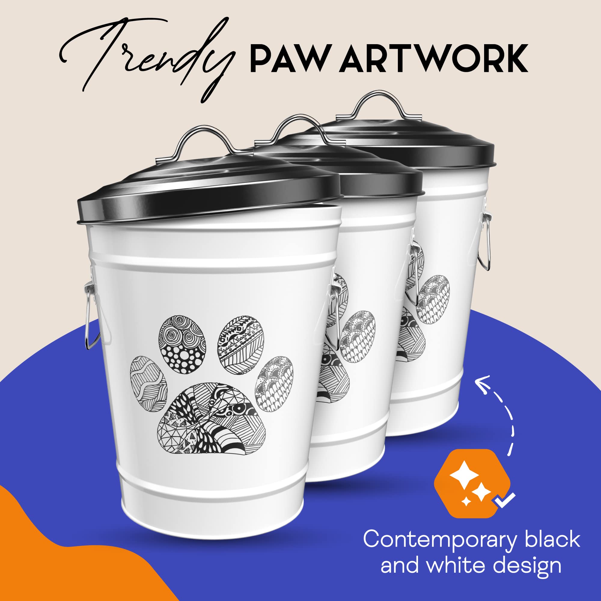 Amici Home Zentangle Pet Paw Canister - Airtight Dog & Cat Food Storage Container with Lid - 17 lbs Metal Bin for Dry Kibble - Modern Kitchen & Pantry Organization for Pet Owners