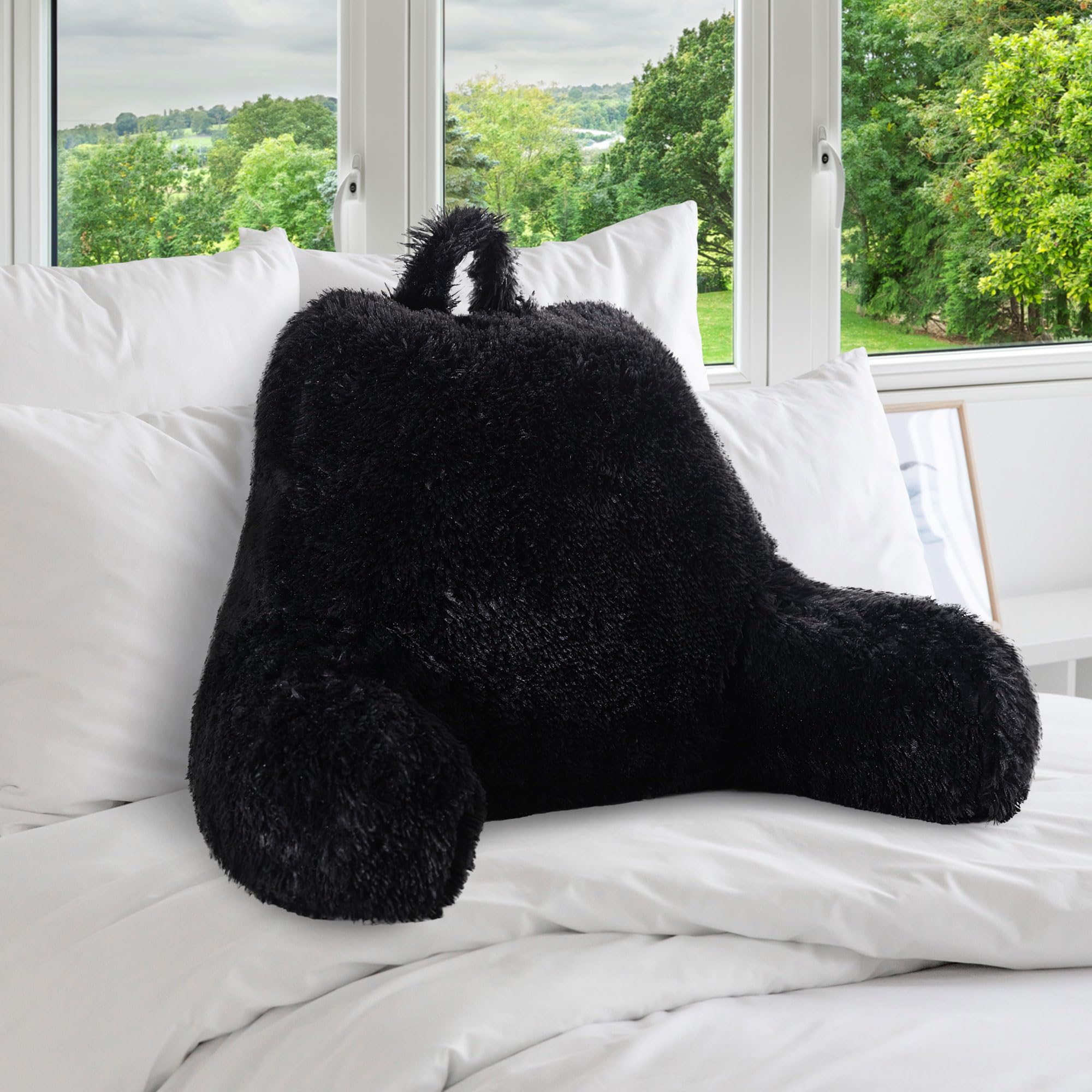Fluffy Reading Pillow Chair with Arms - Shaggy Hair Chair Pillow for Bed, Couch & Floor Lounging | Comfortable Back Support for Reading, Gaming & Relaxing | Black Cheer Collection