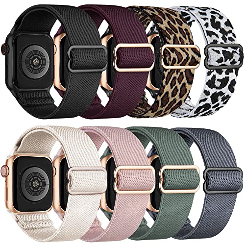 Perperqer 8 Pack Stretchy Nylon Bands for Apple Watch 38mm 40mm 41mm 42mm 44mm 45mm - Adjustable Braided Elastic Solo Loop Sport Band Compatible with iWatch Series 7/6/5/4/3/2/1/SE - Perfect for Workouts, Running & Everyday Wear