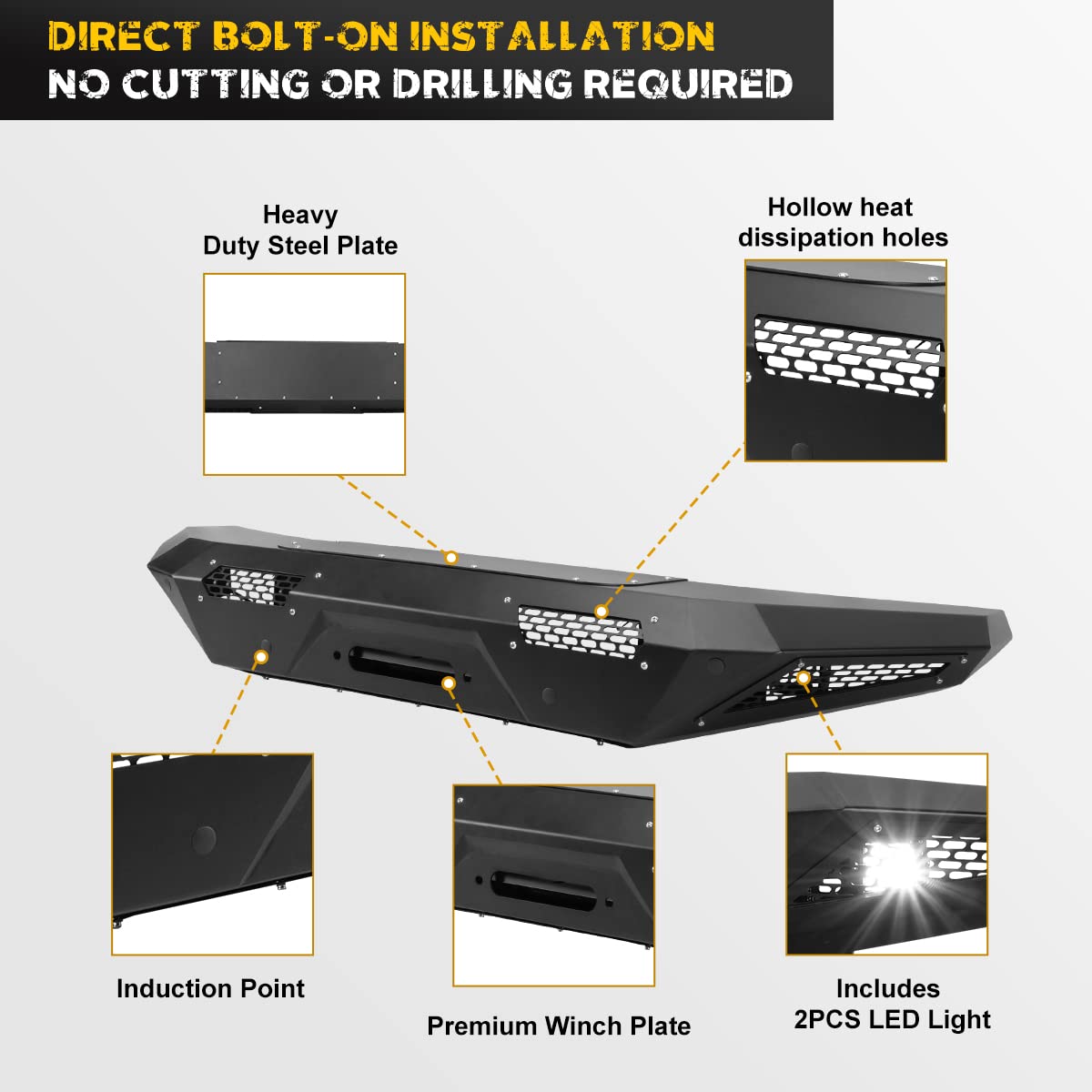 Heavy Duty Front Bumper for 2021-2025 Ford Bronco | Off-Road Bumper with 2 LED Lights, Winch Ready & Sensor Holes | Perfect for Rock Crawling, Overlanding & Off-Road Adventures
