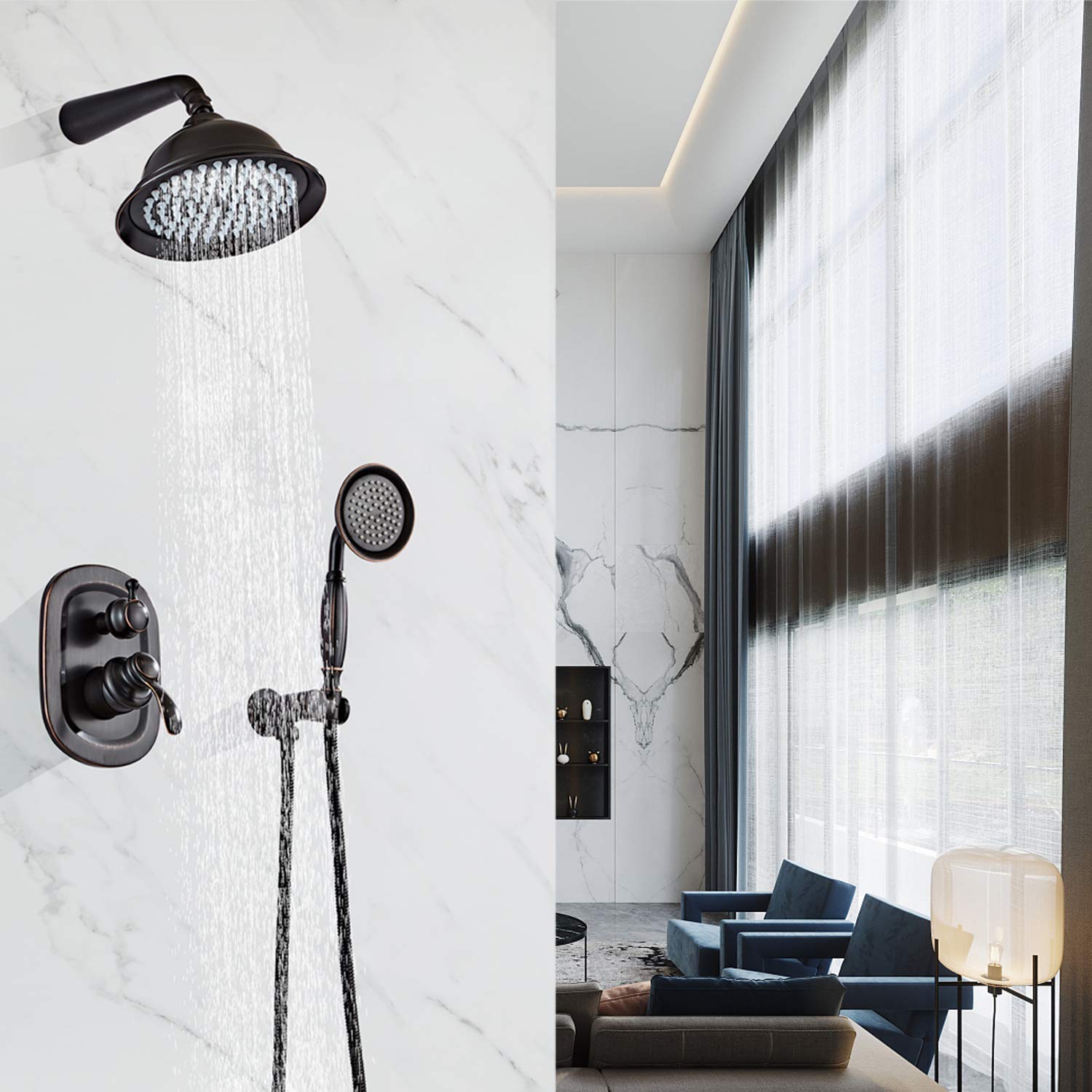 Premium Oil Rubbed Bronze Shower System - 8 Inch Rain Shower Head & Handheld Shower Combo with High Pressure - Wall Mounted Ceiling Bathroom Faucet Set for Luxurious Spa Experience at Home