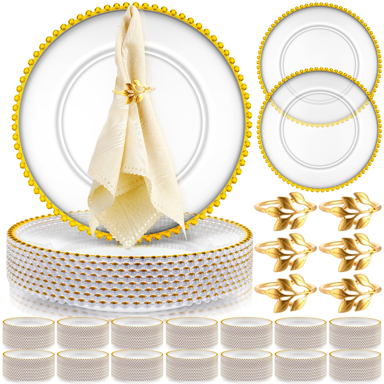 Bokon 50-Pack 13 Inch Clear and Gold Beaded Plastic Charger Plates with Napkin Rings - Acrylic Round Decorative Dinner Plates for Wedding, Party, Thanksgiving & Holiday Table Settings