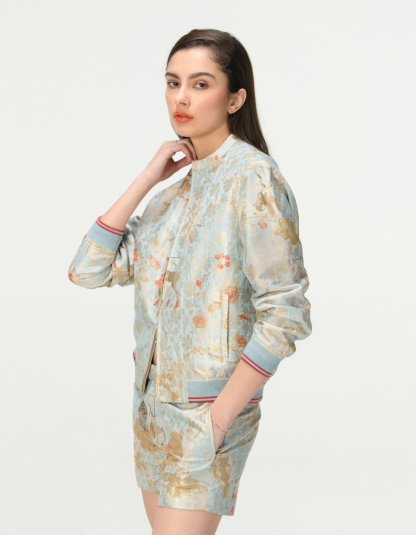 Silk Brocade Shorts in Ice Blue - Elegant Summer Loungewear & Sleepwear for Women