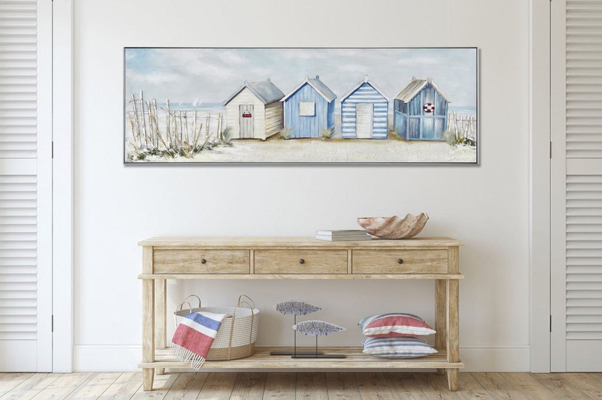 Coastal Cottage Row Framed Wall Art - 20x60 Inches Beach House Decor, Nautical Living Room Painting, Ocean Themed Home Office Wall Decor