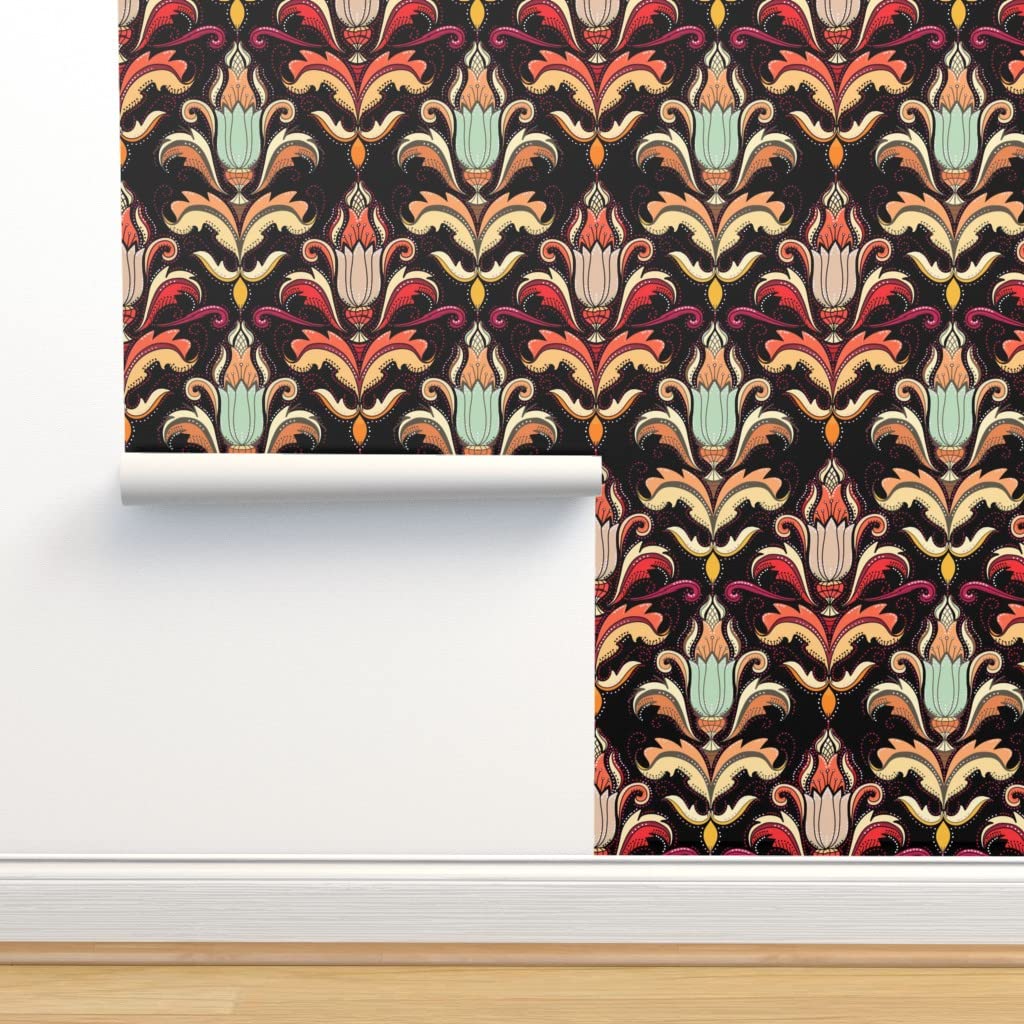 Removable Wallpaper Swatch - Autumn Damask Black Mint Fall Elegant Thanksgiving Coral Custom Pre-Pasted Wallpaper by Spoonflower | Perfect for Home Decor, Nursery, Accent Walls & Seasonal Decorating