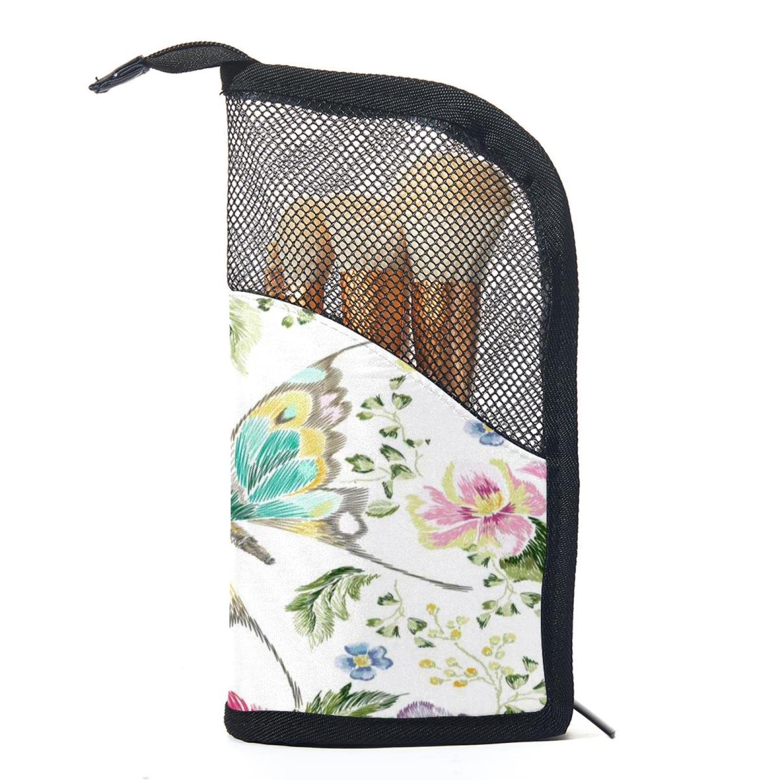 12-Piece Makeup Brush Organizer Bag with Watercolor Peony & Butterfly Design - Portable Cosmetic Brush Holder Case for Travel & Home Storage