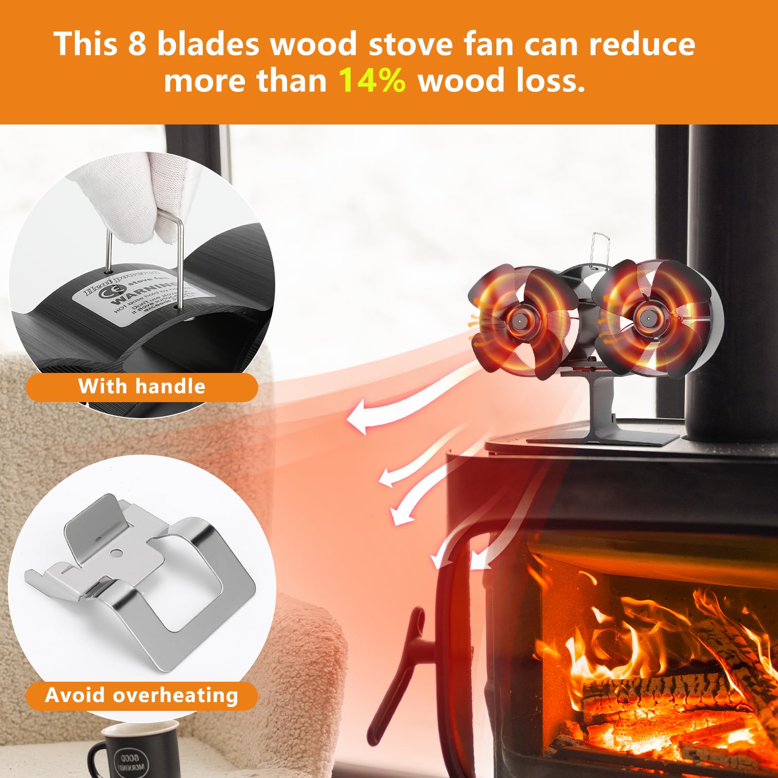 Heat Powered Wood Stove Fan - 8 Blade Non-Electric Fireplace Fan for Wood/Pellet Burners & Buddy Heaters - Dual Motor Stove Fan with Magnetic Thermometer - Perfect for Home Heating, Cabin Warmth & Energy Efficiency