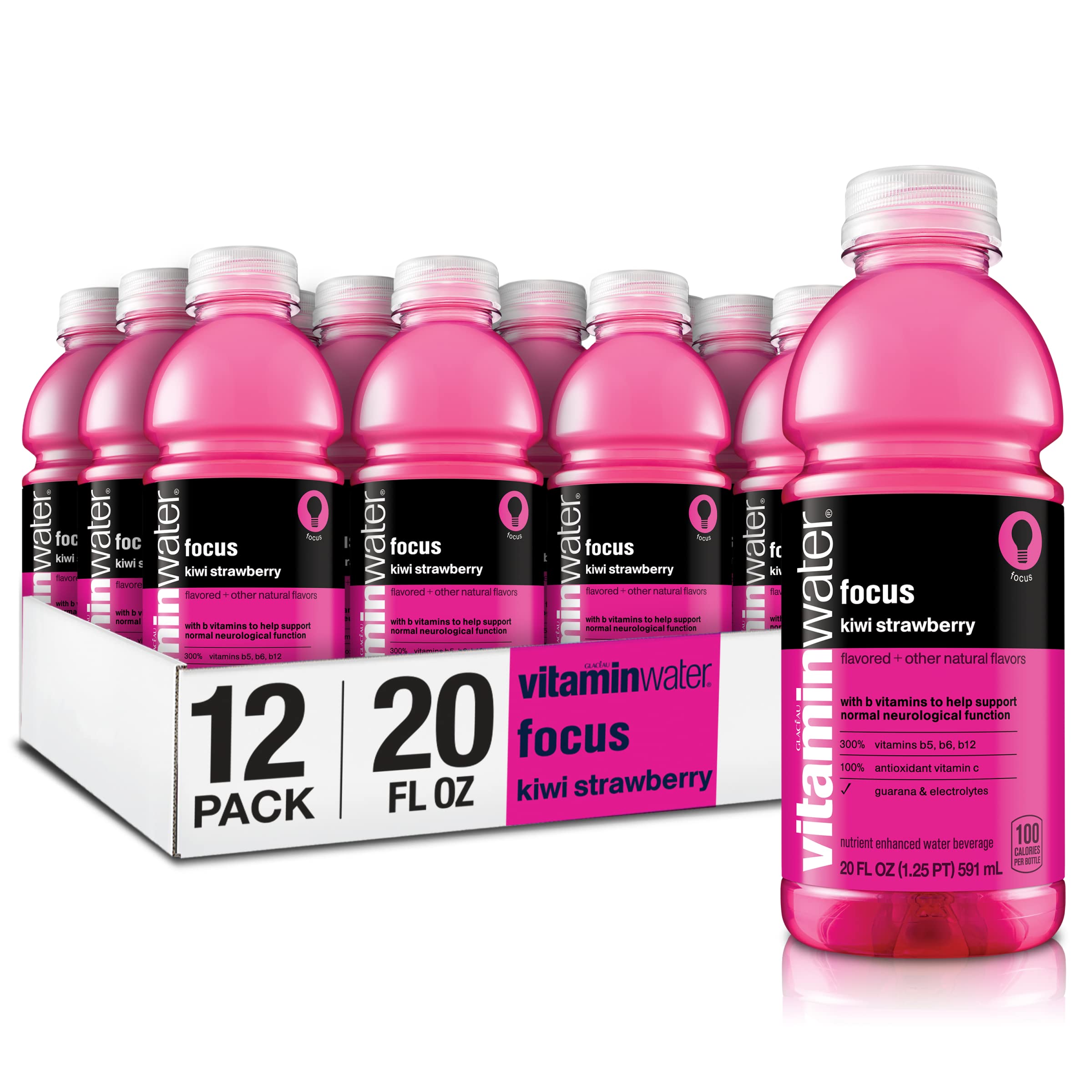 VitaminWater Focus Electrolyte Enhanced Water with Vitamins, Kiwi-Strawberry Flavor, 20 fl oz (12 Pack) - Hydrating Sports Drink for Workouts, Gym & Active Lifestyle