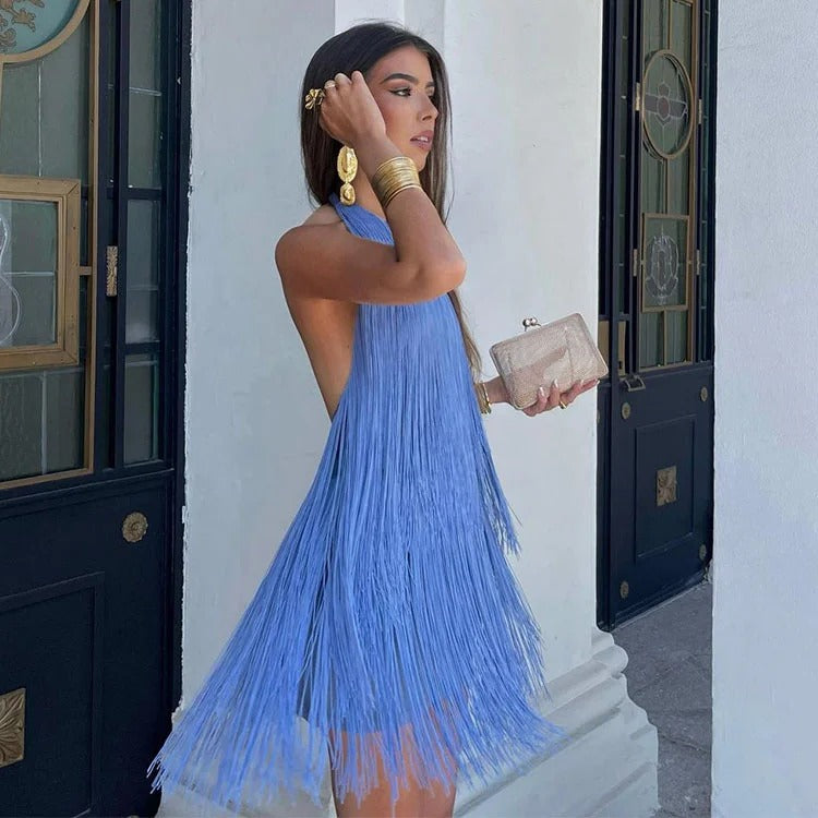 Stylish Blue Ivy Fringe Trim Mini Dress for Women - Perfect for Parties, Date Nights & Summer Outfits
