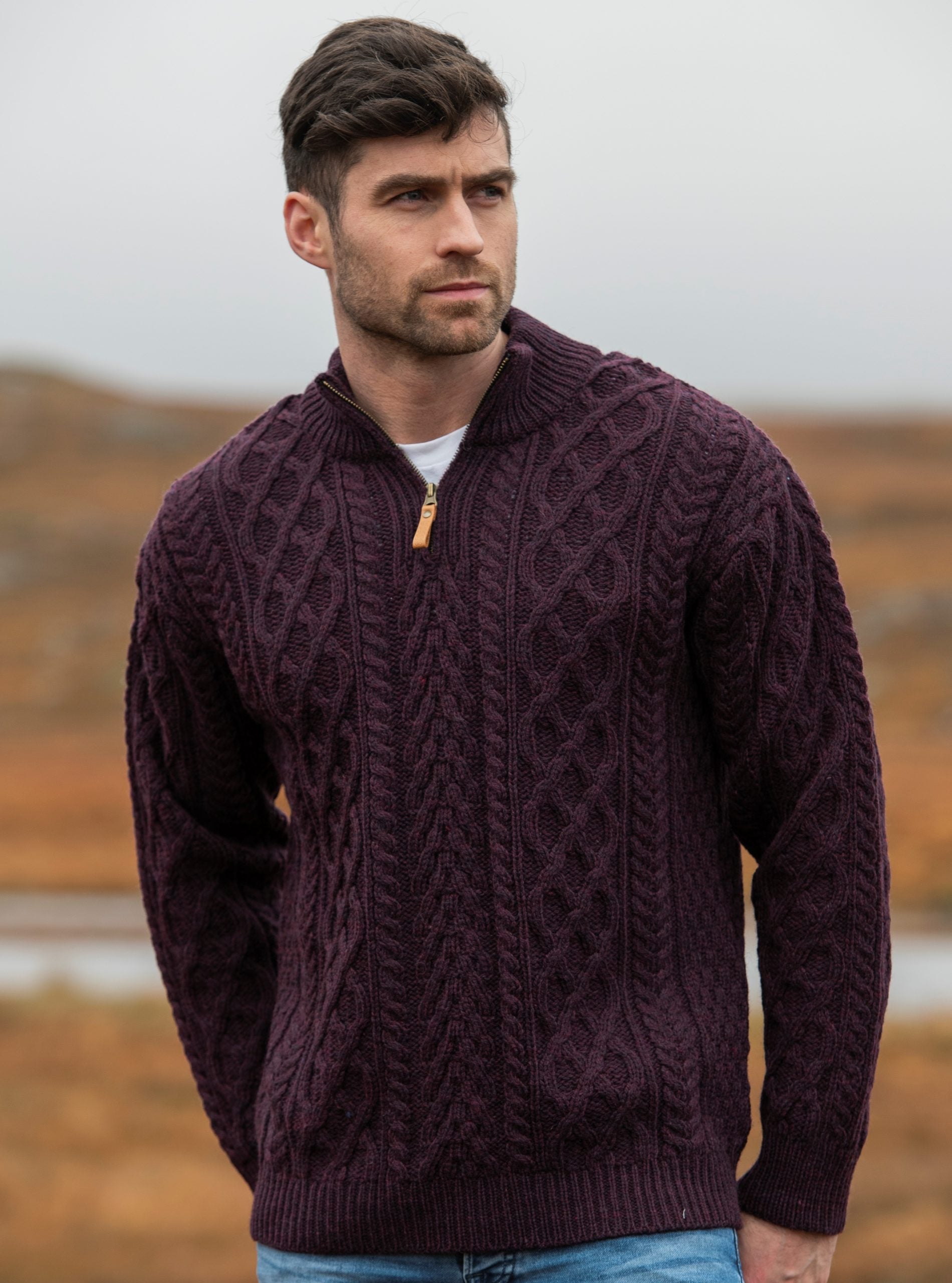 Men's Quarter Zip Aran Sweater - Soft Wool Pullover with 3 Color Options | Warm & Cozy for Outdoor Activities, Casual Wear & Layering