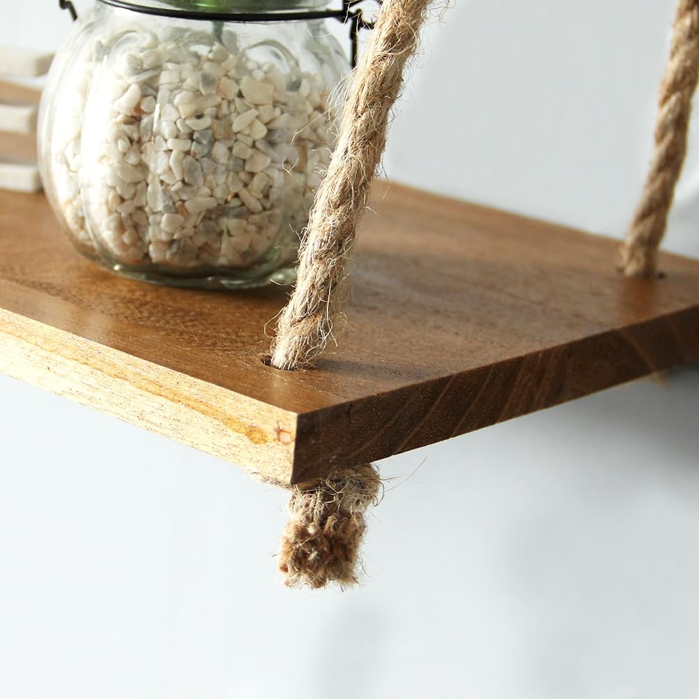 Rustic Rope Hanging Shelves Set of 3 - SAND MINE Wood Wall Floating Shelves for Living Room, Bedroom, Bathroom & Office Decor | Farmhouse Style Storage & Display Solution