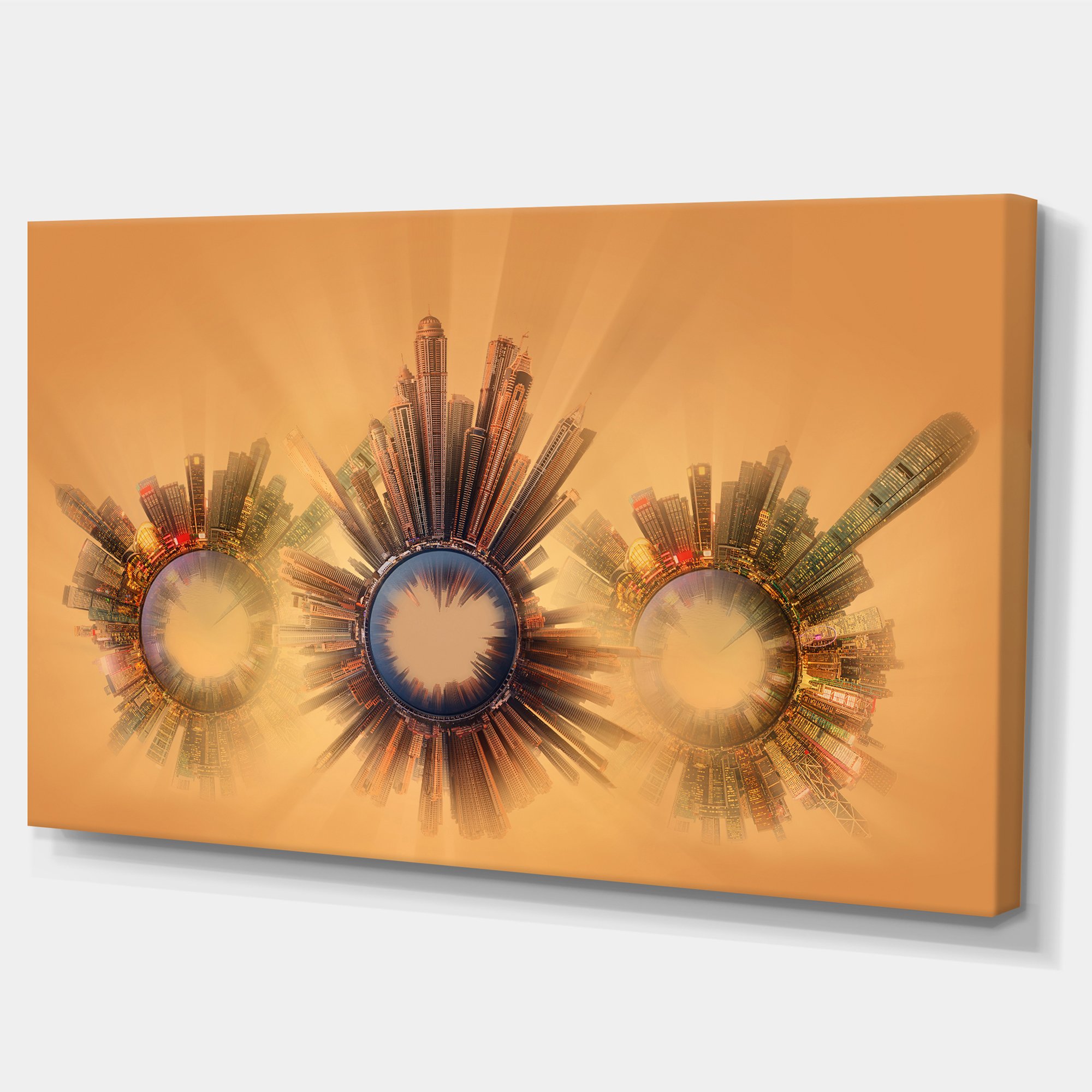 Abstract Miniature Earth Planets with Skyscrapers Canvas Art - 60x28 Inch Blue Wall Decor for Living Room, Office & Bedroom