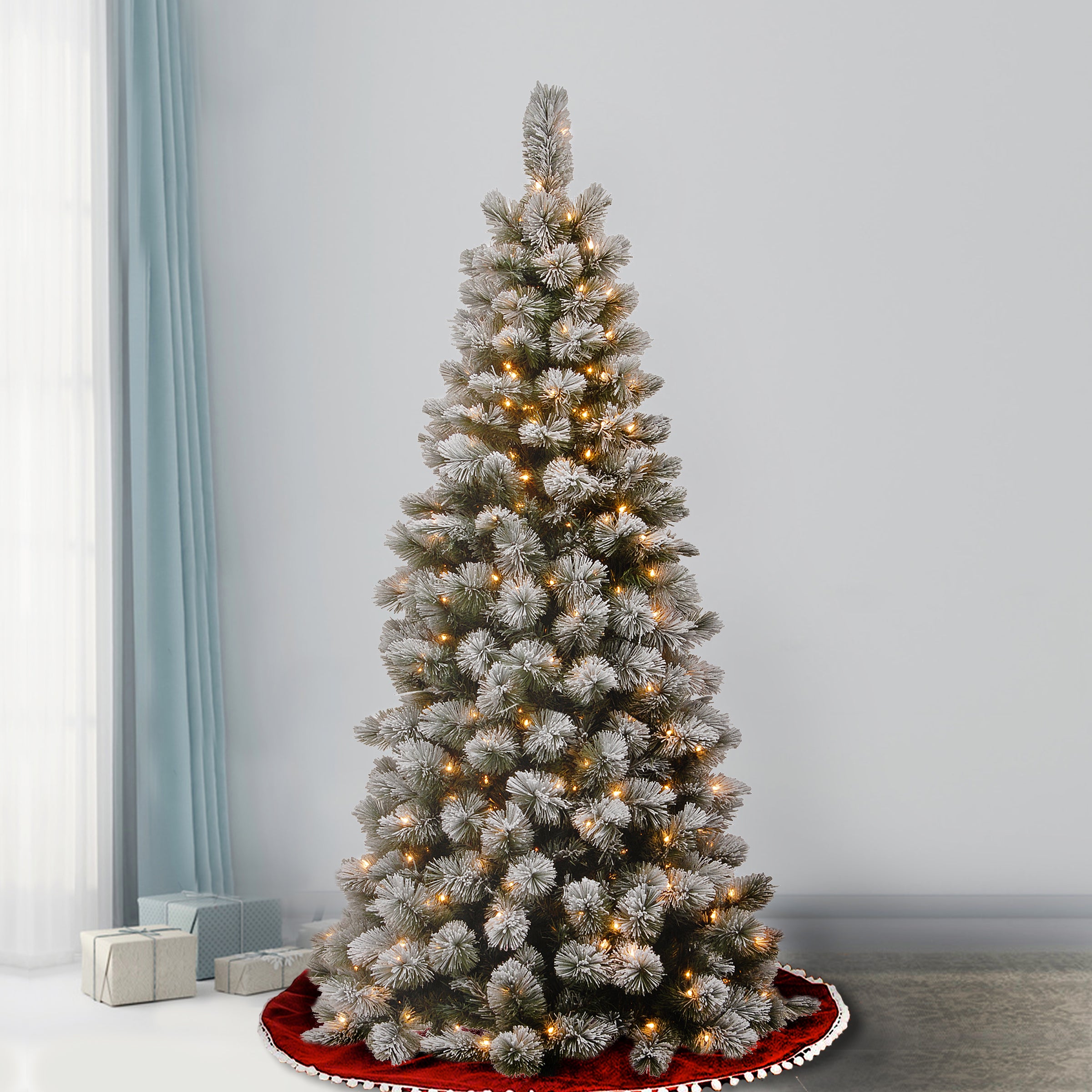 7.5 ft Pre-Lit Snowy Bristle Pine Slim Artificial Christmas Tree with 500 Clear LED Lights - Perfect for Small Spaces & Apartment Holiday Decor