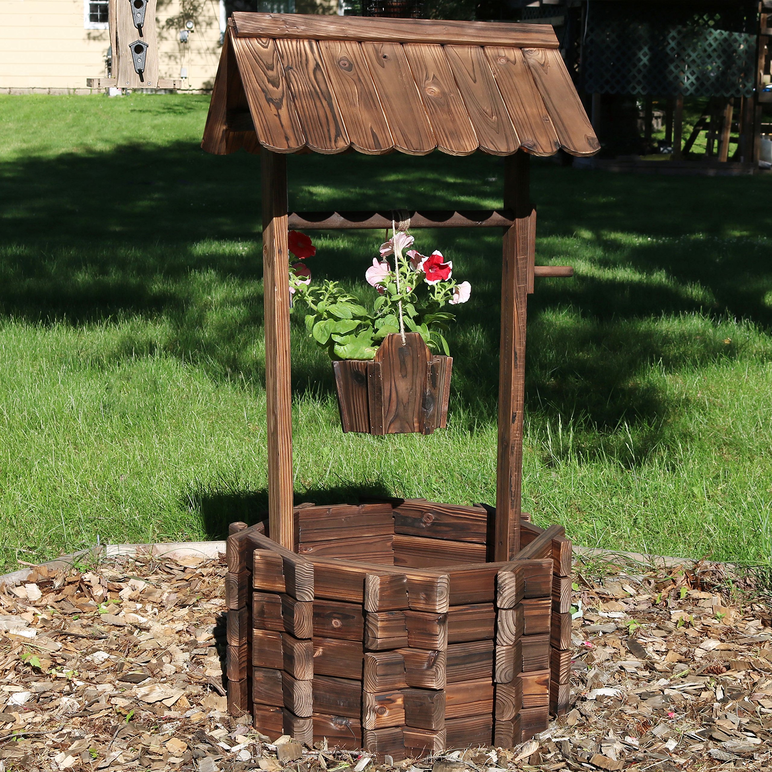 Sunnydaze 45 Inch Outdoor Wooden Wishing Well Garden Planter with Hanging Flower Bucket - Rustic Decorative Planter for Patio, Yard, and Garden Decor