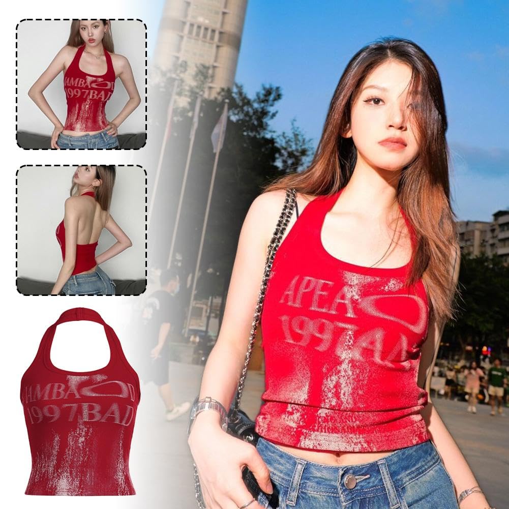 Vintage Print Halter Neck Crop Top for Women - Sexy Sleeveless Tank Tops & Cami Tops | Summer Outfits, Beach Wear, Casual Street Style