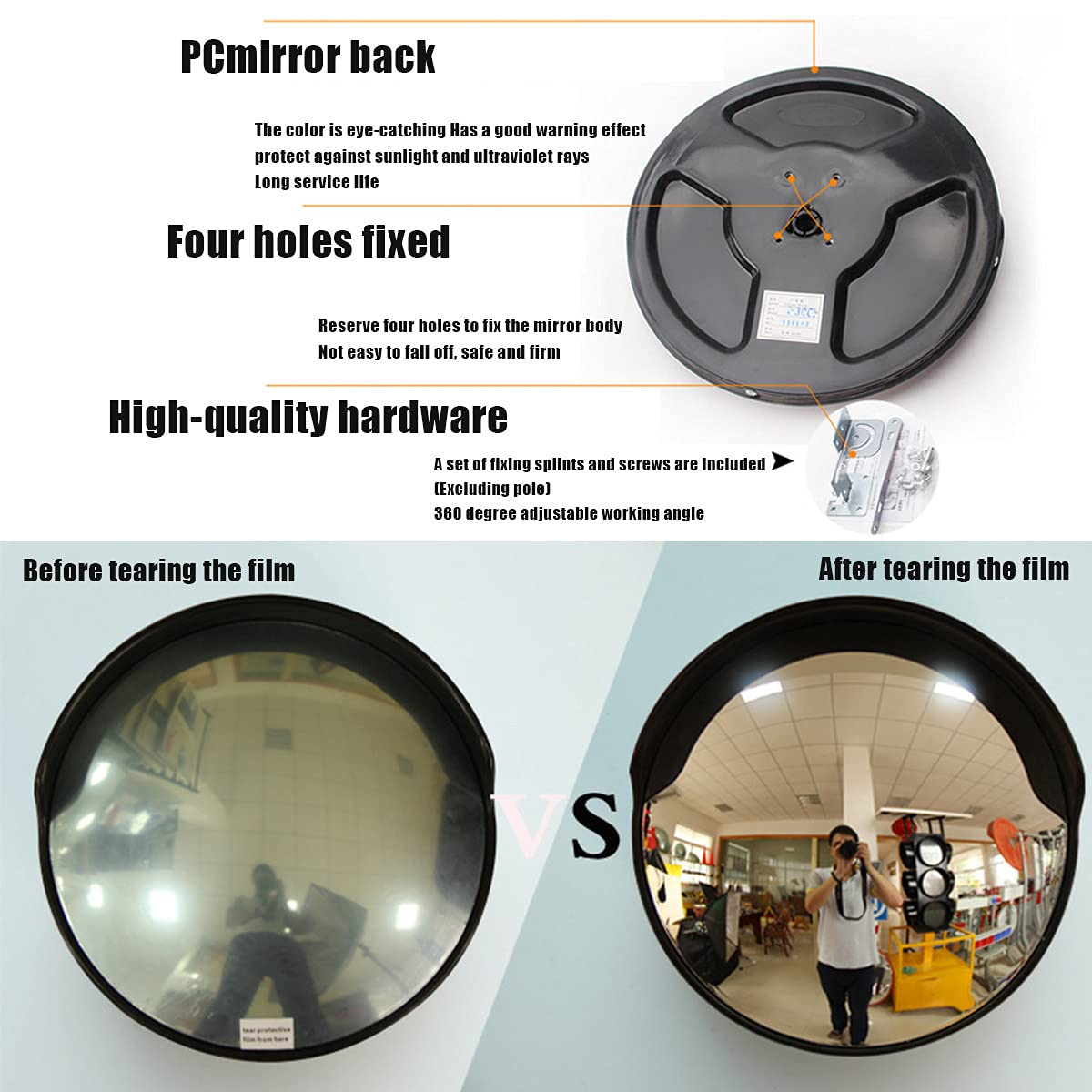 12in Shatter-Proof Convex Traffic Safety Mirror - Driveway Corner Blind Spot Mirror for Road Security, Outdoor PC Plastic with Sun Shade (Black) - Perfect for Parking Lots, Warehouses & Street Intersections
