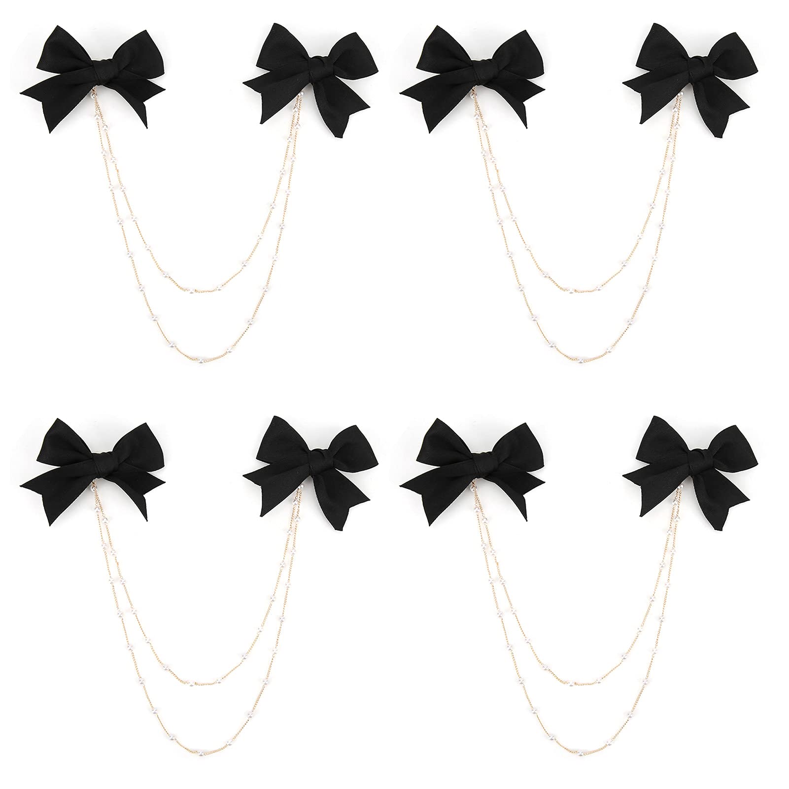 4Pcs Vintage Pearl Chain Bow Hair Clips with Metal Snaps - Elegant Hair Accessories for Women, Girls, Toddlers & Teens (Short Double Bow) - Perfect for Weddings, Parties & Daily Styling