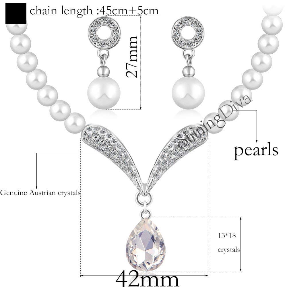 Shining Diva Fashion Crystal Pearl Necklace Set with Matching Earrings - Elegant Jewelry Gift for Women & Girls (White) | Perfect for Weddings, Parties & Special Occasions (rrsd8494s)