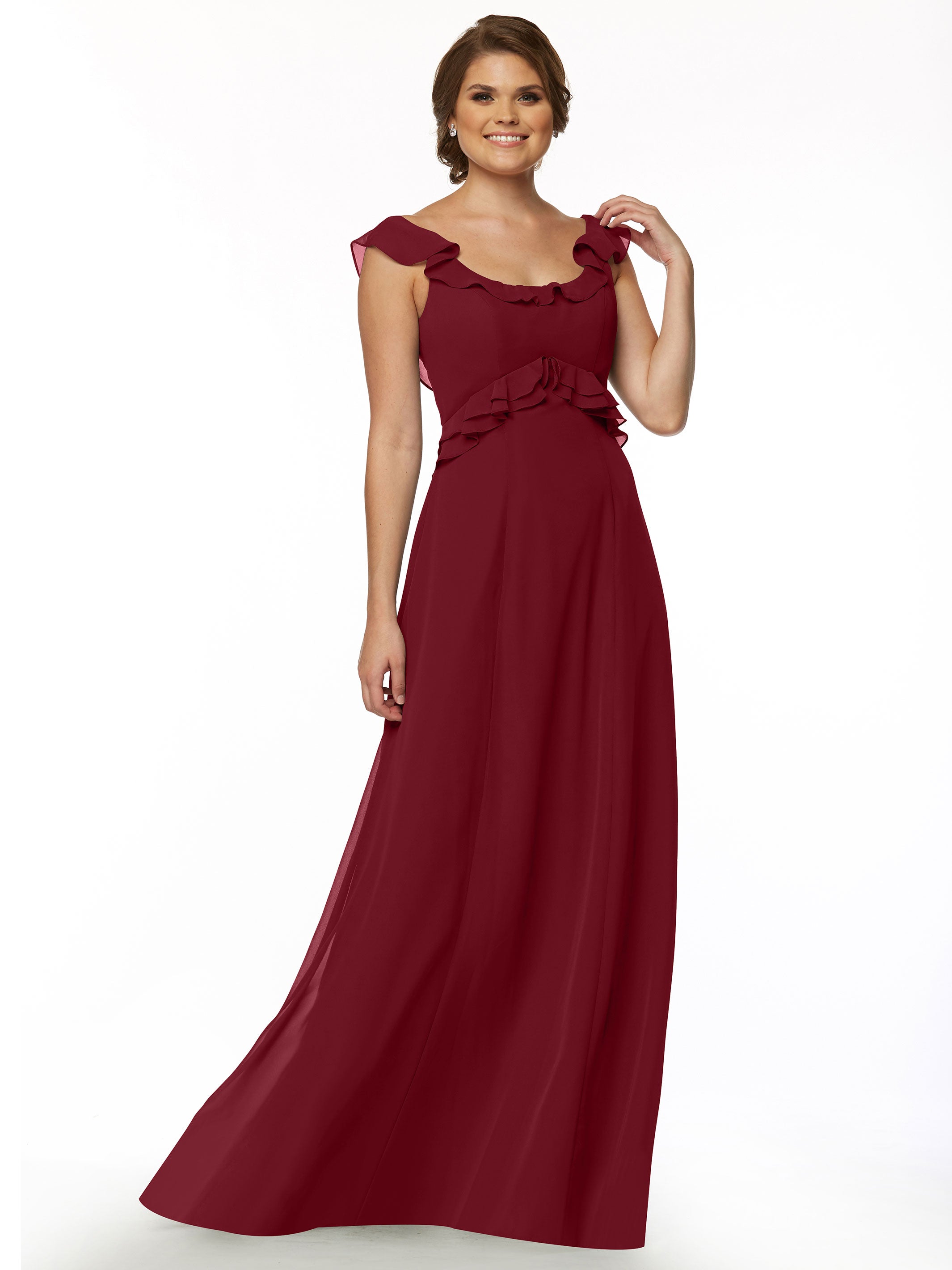 Elegant 80173 Chiffon Off-The-Shoulder A-Line Bridesmaid Dress with Ruffled Bodice - Perfect for Weddings, Formal Events & Special Occasions