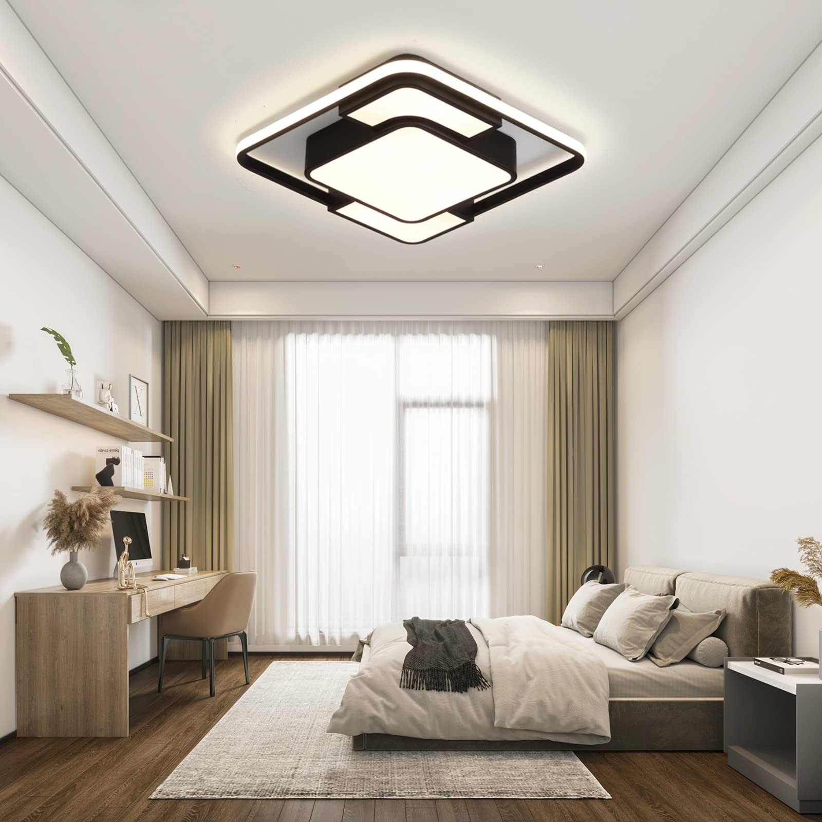 KIWIVIC Modern LED Ceiling Light 75W, Dimmable Black Square Ceiling Lamp with Remote Control, 41 x 41cm - Perfect for Bedroom, Living Room, Dining Room, Kitchen Lighting and Home Decor
