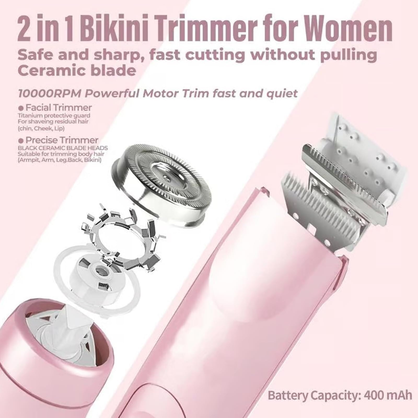 Ezme Razor 2.0 - Women's Electric Bikini Trimmer & Shaver, 2-in-1 Dual Head Wet/Dry Waterproof Hair Removal for Smooth Skin - Perfect for Travel, Gym & Sensitive Areas (Pink)