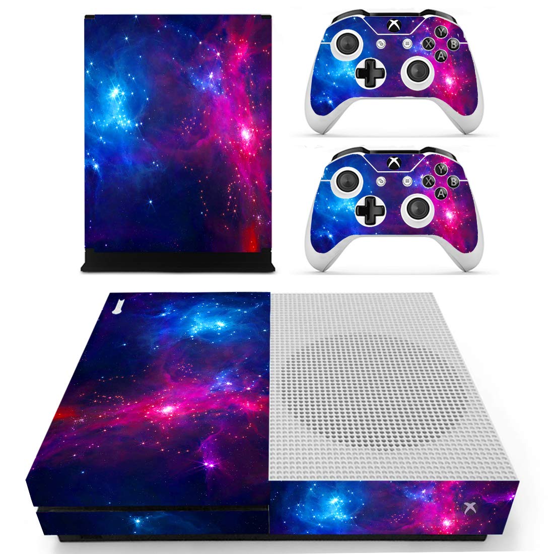 Premium Protective Vinyl Skin Stickers for Microsoft Xbox One S - 2 Free Wireless Controller Decals in Purple Blue Galaxy Design | Scratch-Resistant, Custom Fit | Perfect for Gaming Setups & Gift Giving