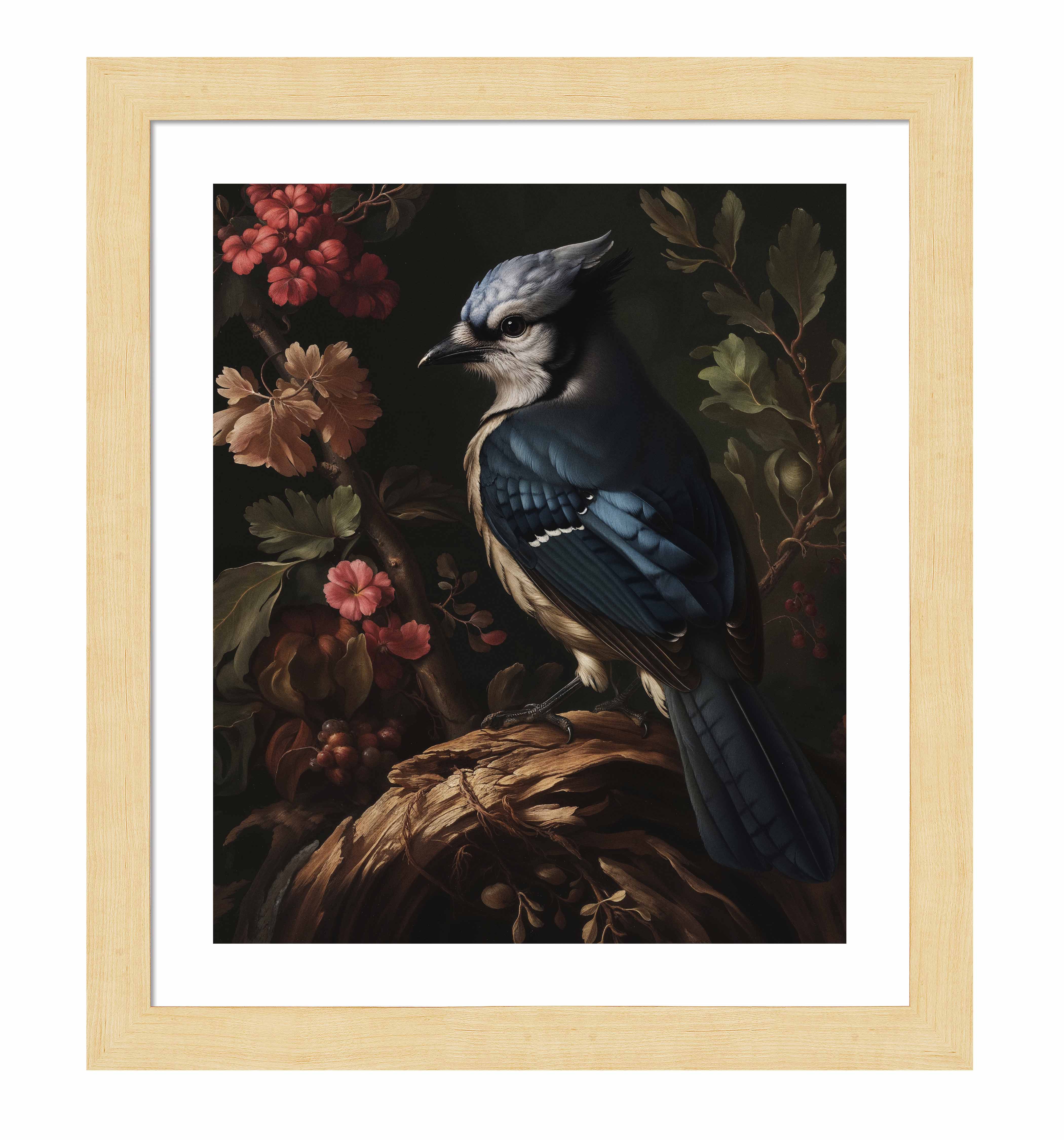 Blue Jay Amongst Flora - Elegant Nature Art Print for Home & Office Decor - Perfect for Living Room, Bedroom, or Gift