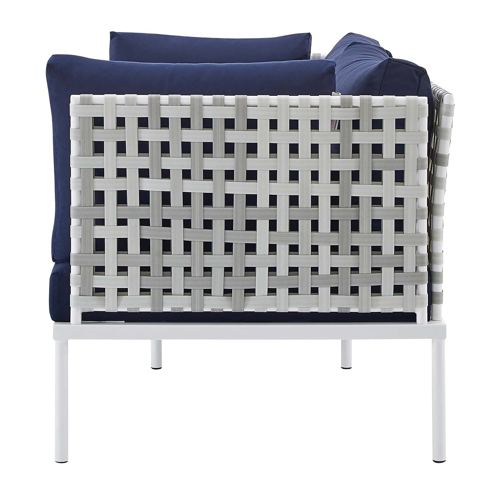 Modern Navy Blue Aluminum Lounge Sectional Sofa Set with Chair & Table - Outdoor Patio, Garden, Cafe & Poolside Furniture for Relaxing & Entertaining