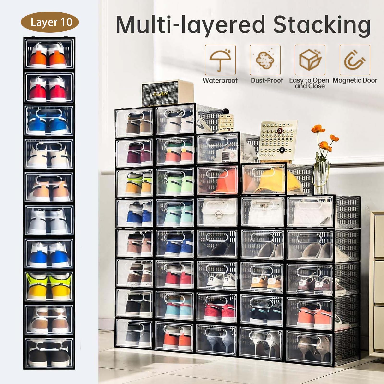 Clemate 15 Pack Clear Plastic Stackable Shoe Storage Boxes with Magnetic Door - Foldable Shoe Organizer for Closet, Sneaker Display Case, Shoe Rack Container for Bedroom, Entryway & Dorm Organization