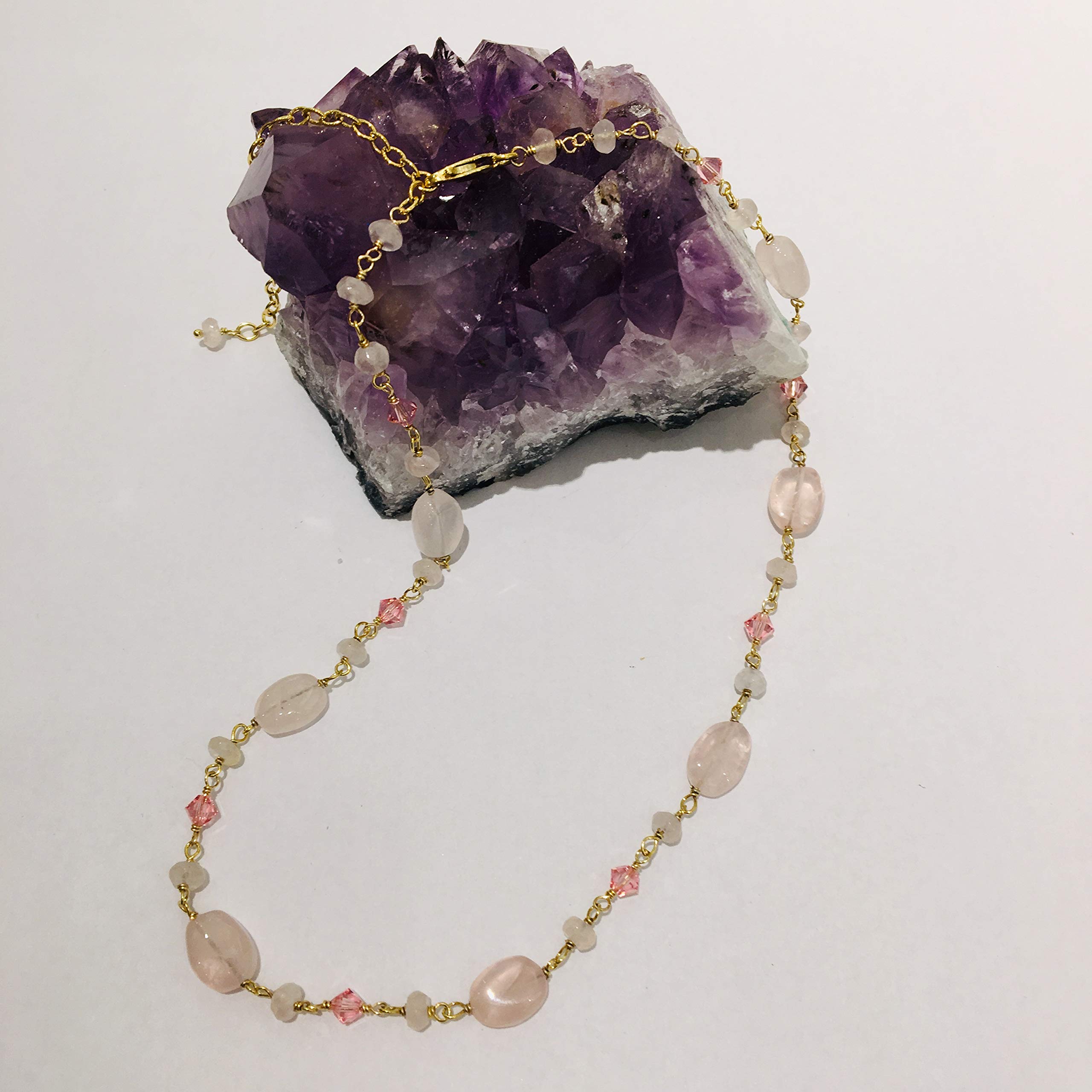 14K Gold Filled Rose Austrian Crystal & Rose Quartz Choker Necklace with 3