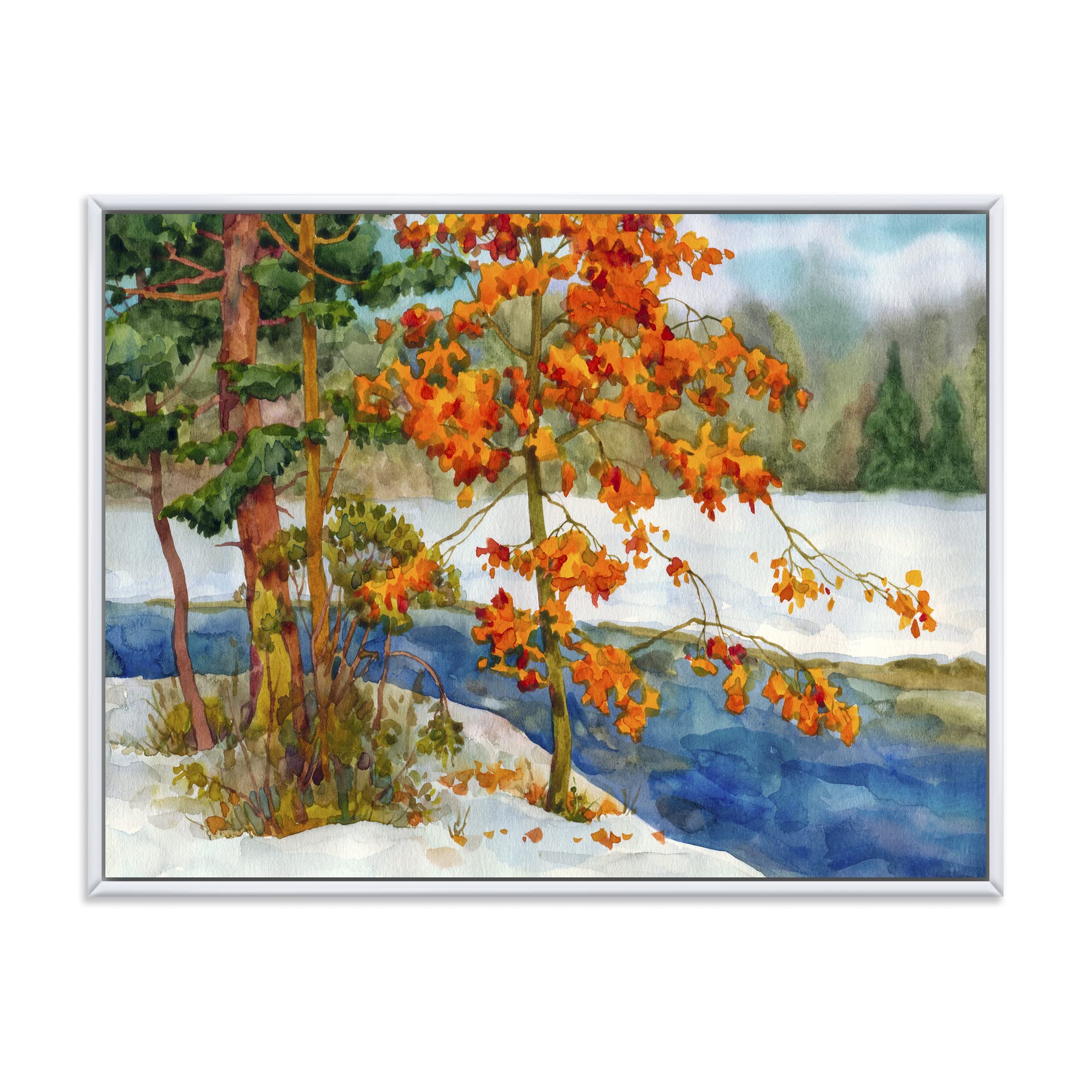 DesignQ Stream In The Winter Forest I - Lake House Framed Canvas Wall Art Print | Nature Landscape Painting for Living Room, Bedroom & Office Decor | Perfect Gift for Home & Holiday