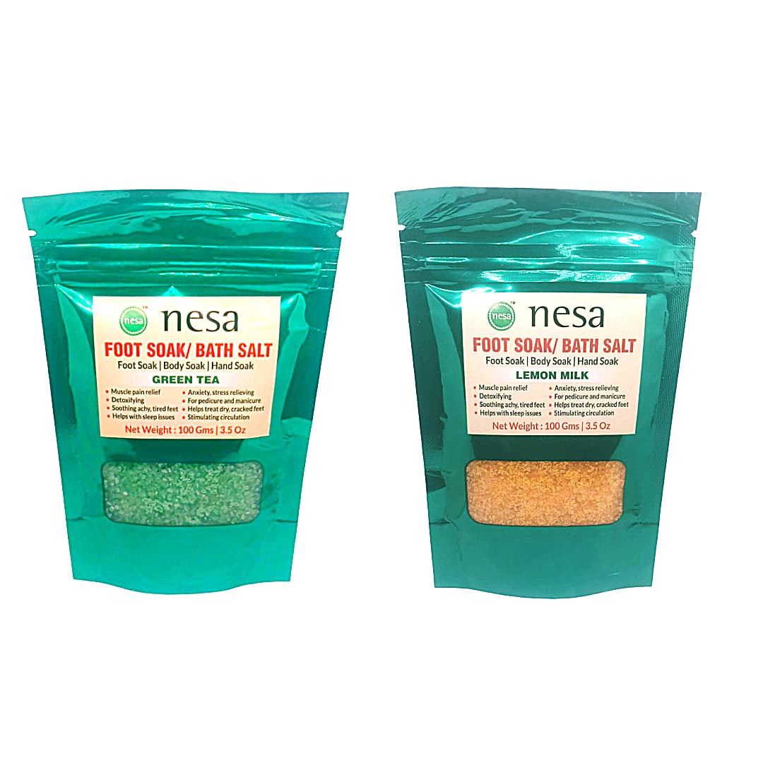 Nesa Bath Salt & Foot Soak - 2 Pack Green Tea Lemon Milk (100g Each) | Muscle Pain & Stress Relief | Skin Cleansing Moisturizer | Dry Cracked Feet Treatment | Manicure Pedicure Care | Perfect for Spa Day & Relaxation at Home