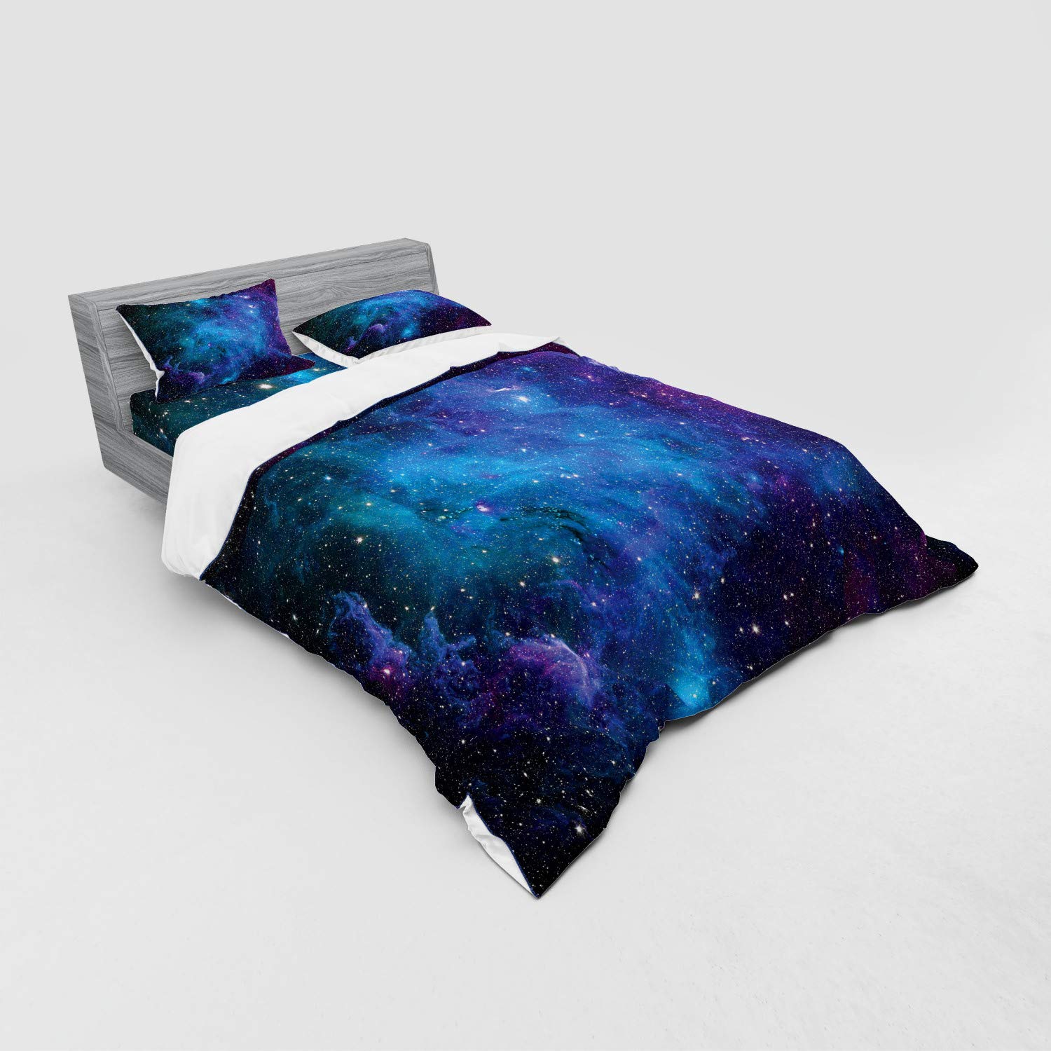 Ambesonne Galaxy Space Bedding Set - 4 Piece Queen Duvet Cover with Shams & Fitted Sheet, Navy Purple Celestial Stars & Planets Design for Cosmic Themed Bedroom Decor | Perfect for Astronomy Lovers & Kids' Space-Themed Rooms