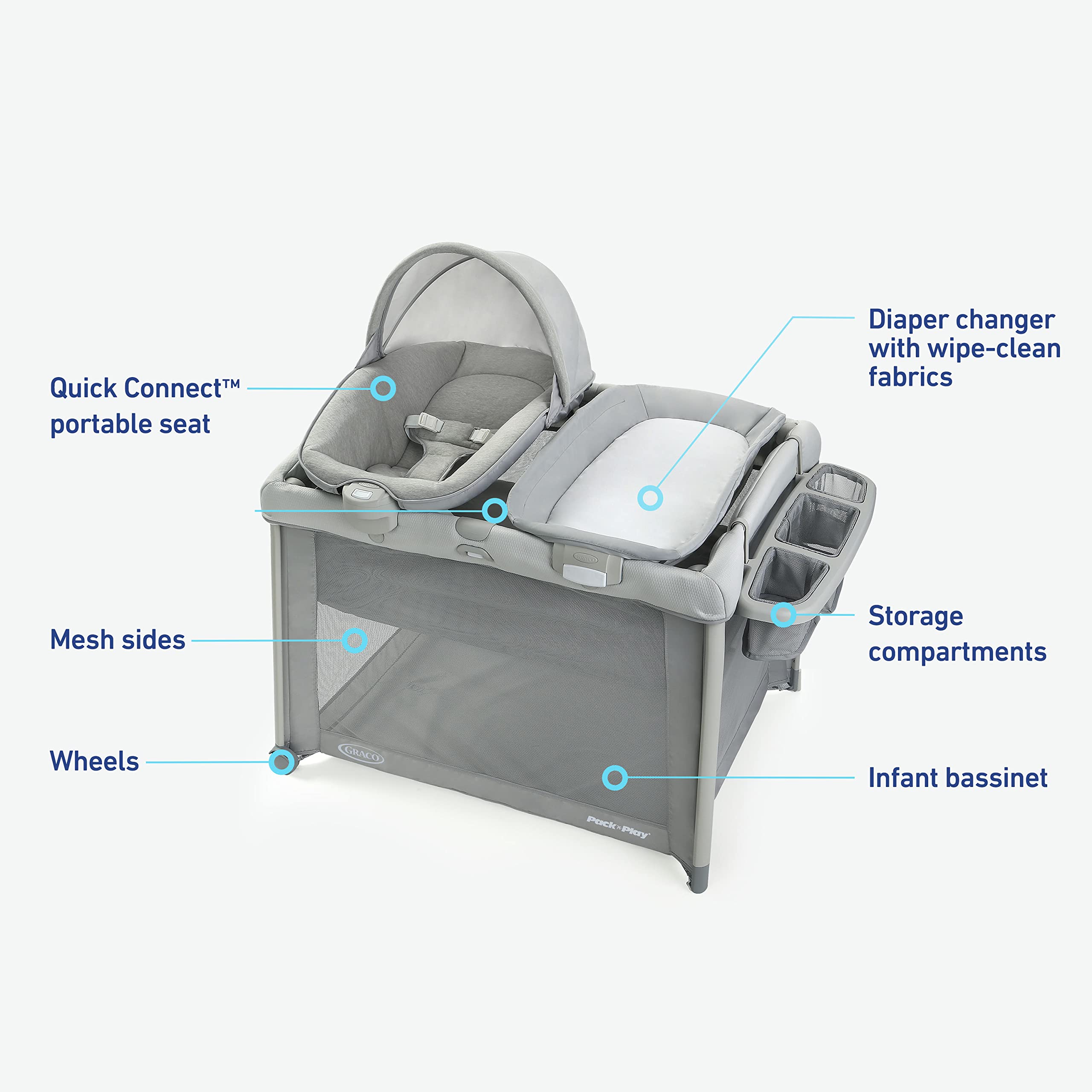 Graco Pack 'n Play FoldLite Playard - Portable Baby Playpen with Removable Bassinet & Travel Bag | Perfect for Travel, Home, and Daycare Use