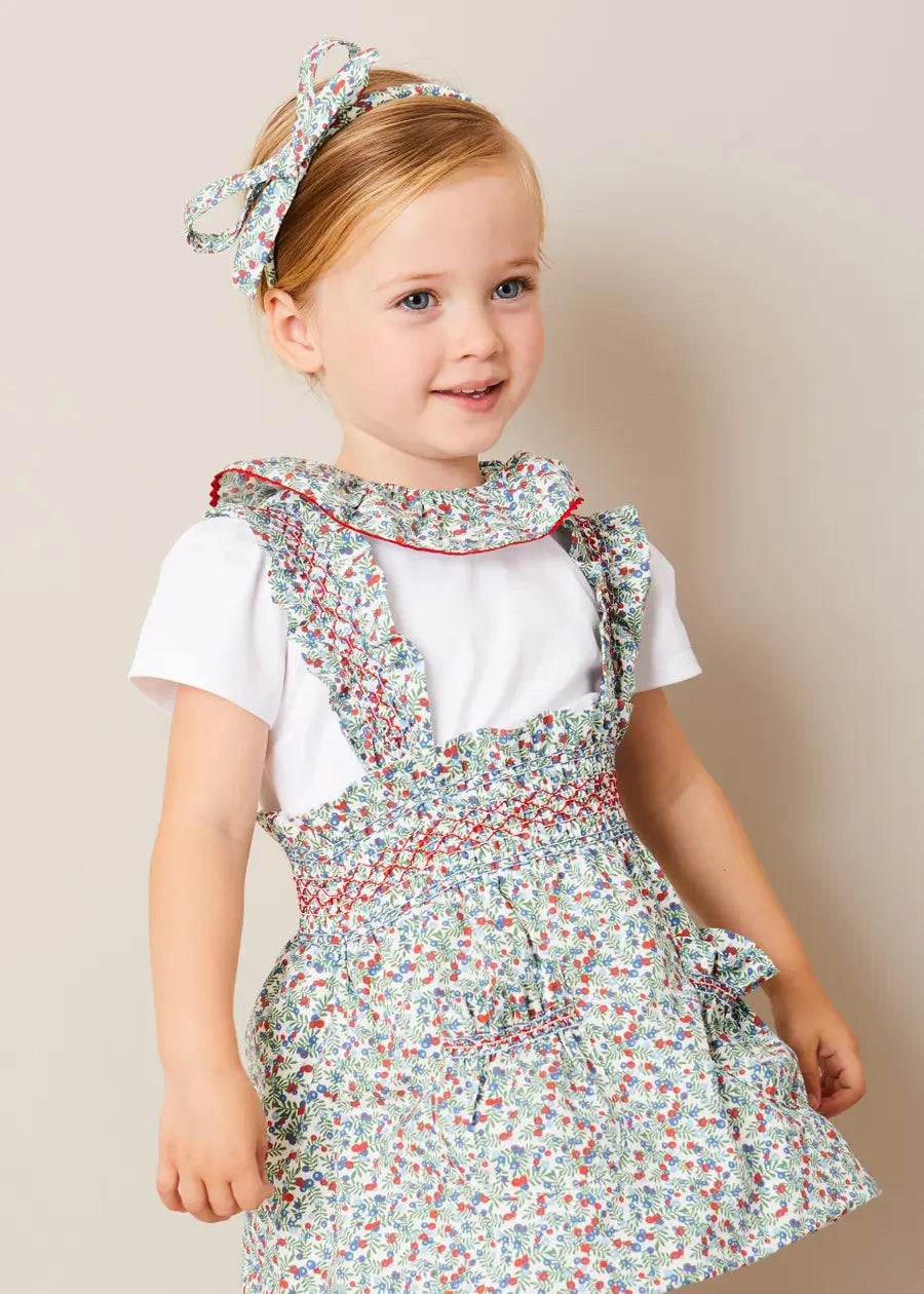 Evelyn Floral Smocked Detail Skirt With Braces - Red Girls' Dress (18 Months to 6 Years) | Perfect for Spring Outfits, Photoshoots & Special Occasions