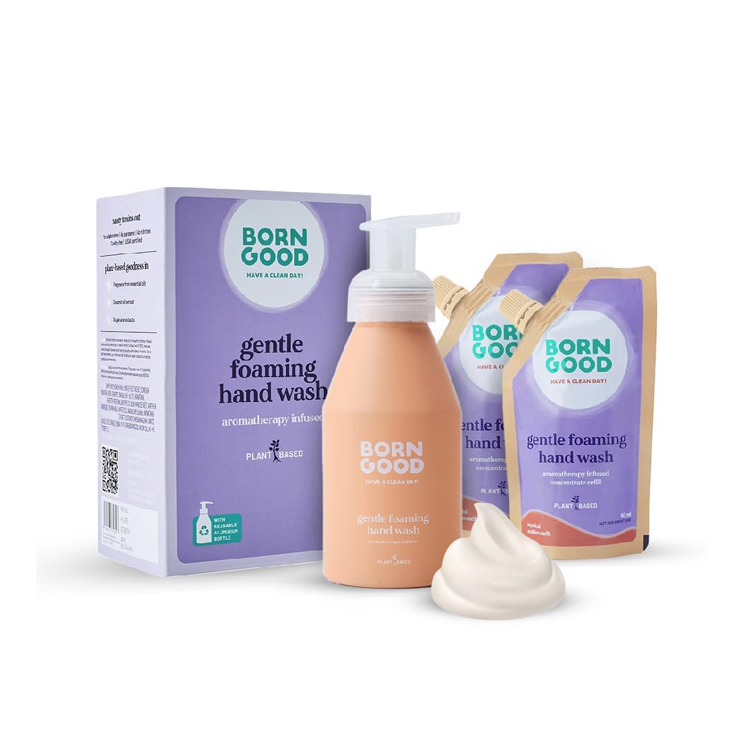 Born Good Concentrated Gentle Foaming Hand Wash Kit - Aromatherapy Infused, BioBased & Non-Toxic for Sensitive Skin | Mystical Arabian Oudh Scent | 50ml (Pack of 2 Refills + 1 Empty Aluminum Bottle) - Perfect for Home, Office & Travel Use