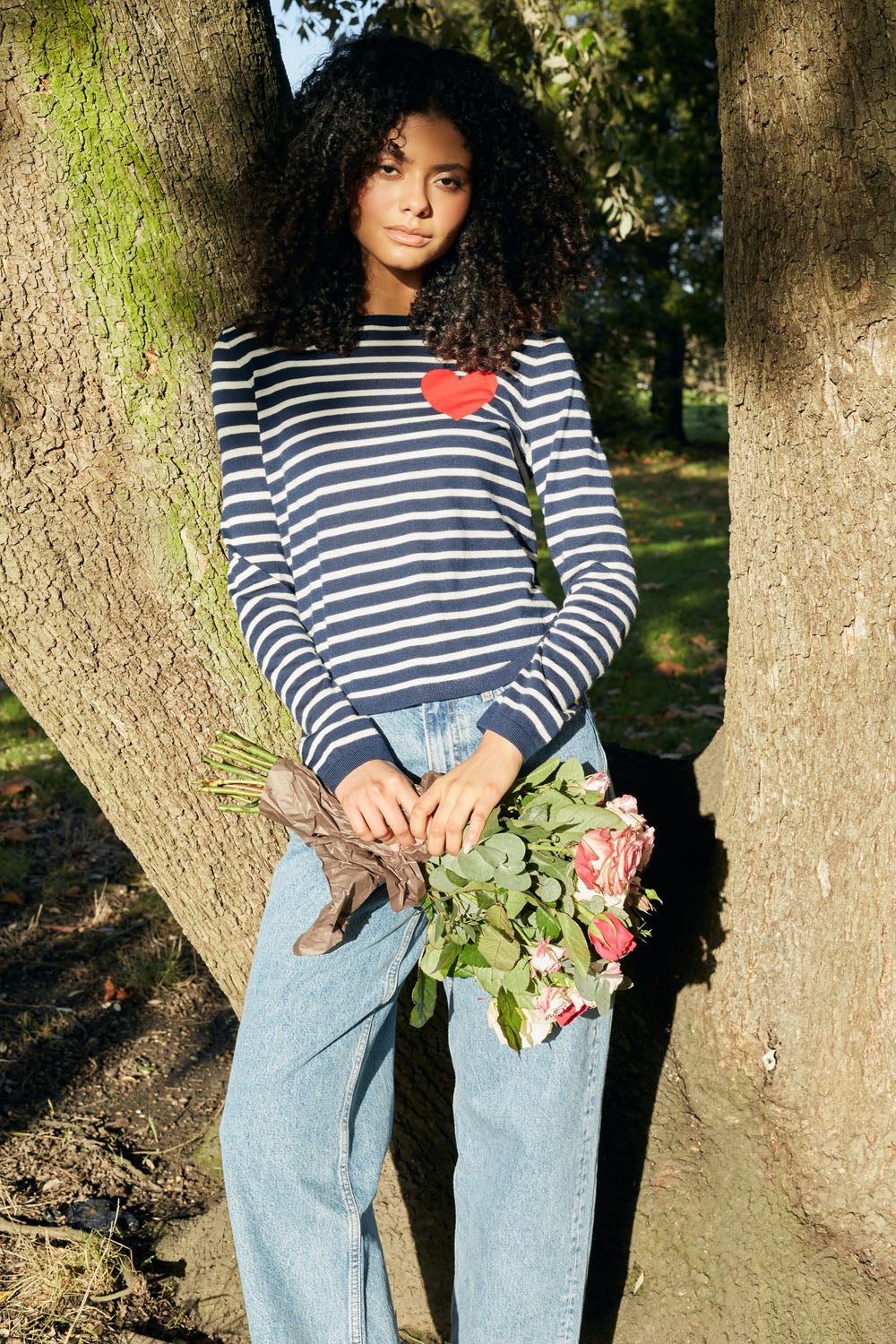 Navy Blue Merino Wool Heart Print Breton Sweater for Women - Cozy Winter Pullover for Casual Outings & Date Nights