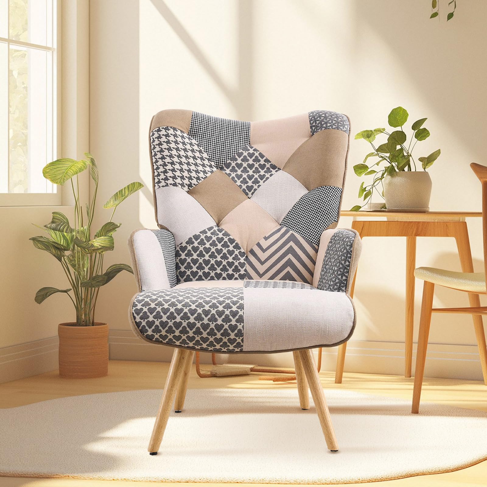 Joysoul Modern High Back Accent Chair - Grey Plaid Upholstered Armchair for Living Room, Bedroom & Waiting Room - Perfect for Reading, Relaxing & Home Decor
