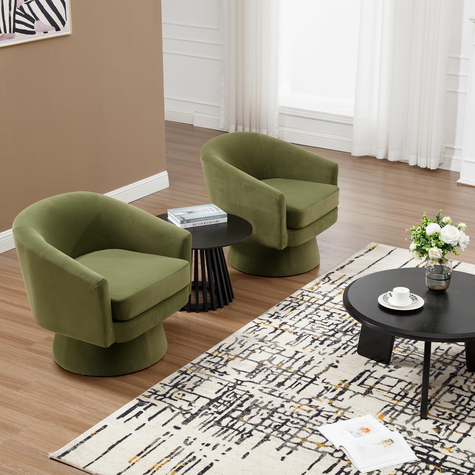 360 Swivel Barrel Accent Chairs Set of 2 - Modern Velvet Upholstered Lounge Chairs for Living Room, Bedroom & Reception - Small Round Armchair with 360° Rotation - Green Home Decor Accent Seating (Perfect for Small Spaces, Reading Nooks & Conversation Areas)
