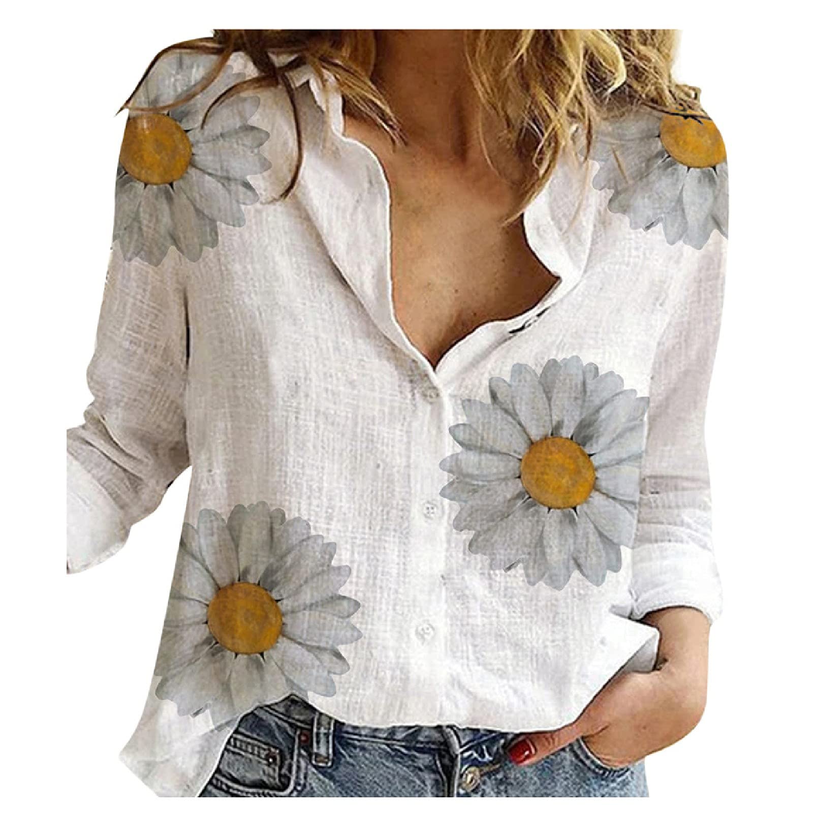 Fartey Women's Casual Linen Shirt - Trendy Floral Print Long Sleeve Button Down V-Neck Blouse | Loose Fit Roll-Up Sleeve Tops for Spring & Summer | Perfect for Office, Travel and Weekend Outfits