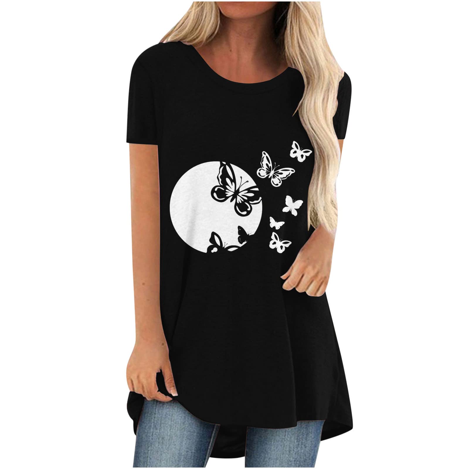 Women's Fashion Blouse - Crew Neck Short Sleeve Loose Tunic Top with Heart & Butterfly Print | Casual & Dressy Wear for Work, Date Night & Summer Outfits