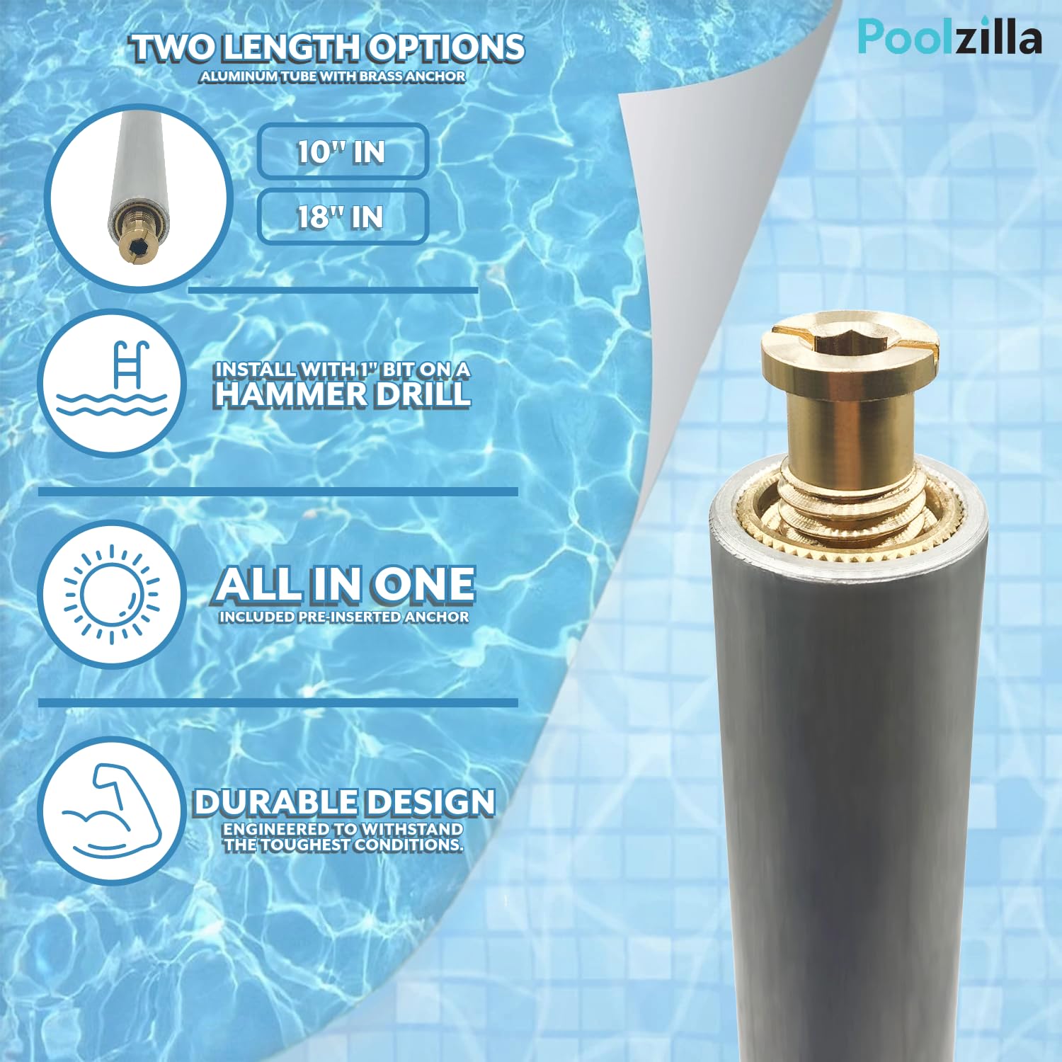 Poolzilla 10-Pack 18-Inch Aluminum Tube with Brass Anchor for Pool Safety Cover Installation - Heavy Duty Anchors for Loose Ground or Paver Applications - Extra Long Pool Cover Hardware (Perfect for Inground Pools, Concrete Decks & Landscaped Yards)
