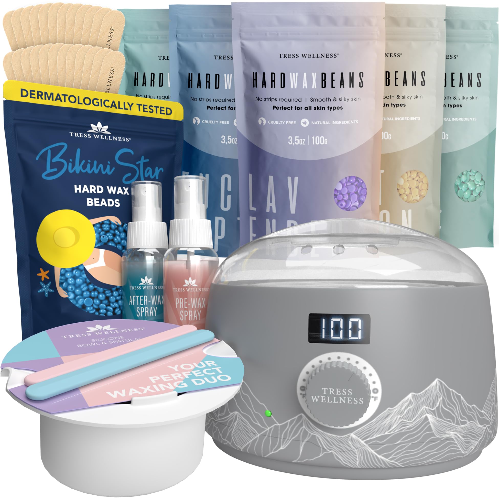 Tress Wellness Grey Wax Warmer Kit with White Melting Bowl & Bikini Wax Strips - Perfect for At-Home Hair Removal, Salon Waxing, and Smooth Skin Care