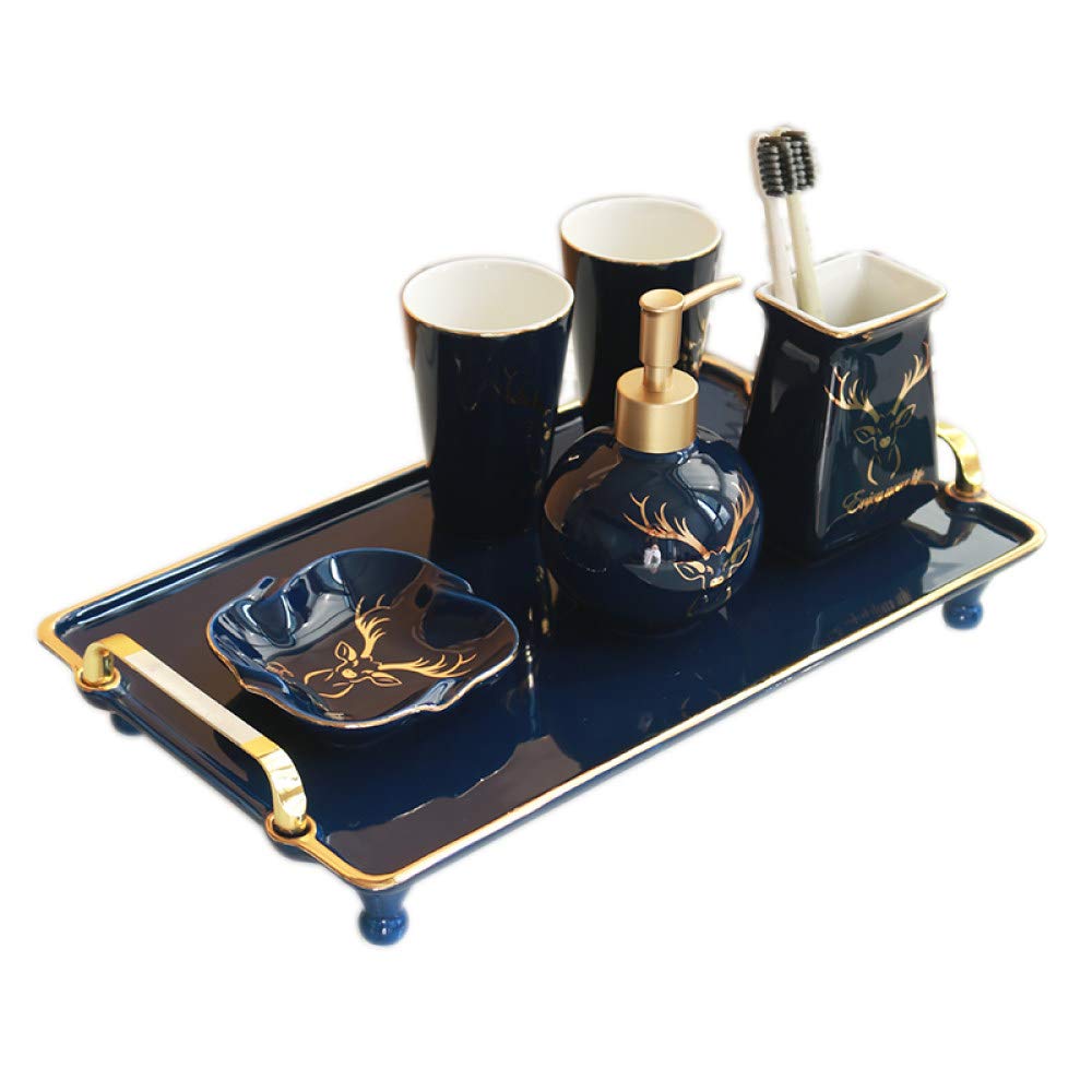 Vintage Ceramic Bathroom Accessories Set - 6 Piece Gold Trim Deer Green Vanity Decor with Soap Dispenser, Tumblers, Tray & Toothbrush Holder | Elegant Home Bathroom Decor for Modern & Farmhouse Style