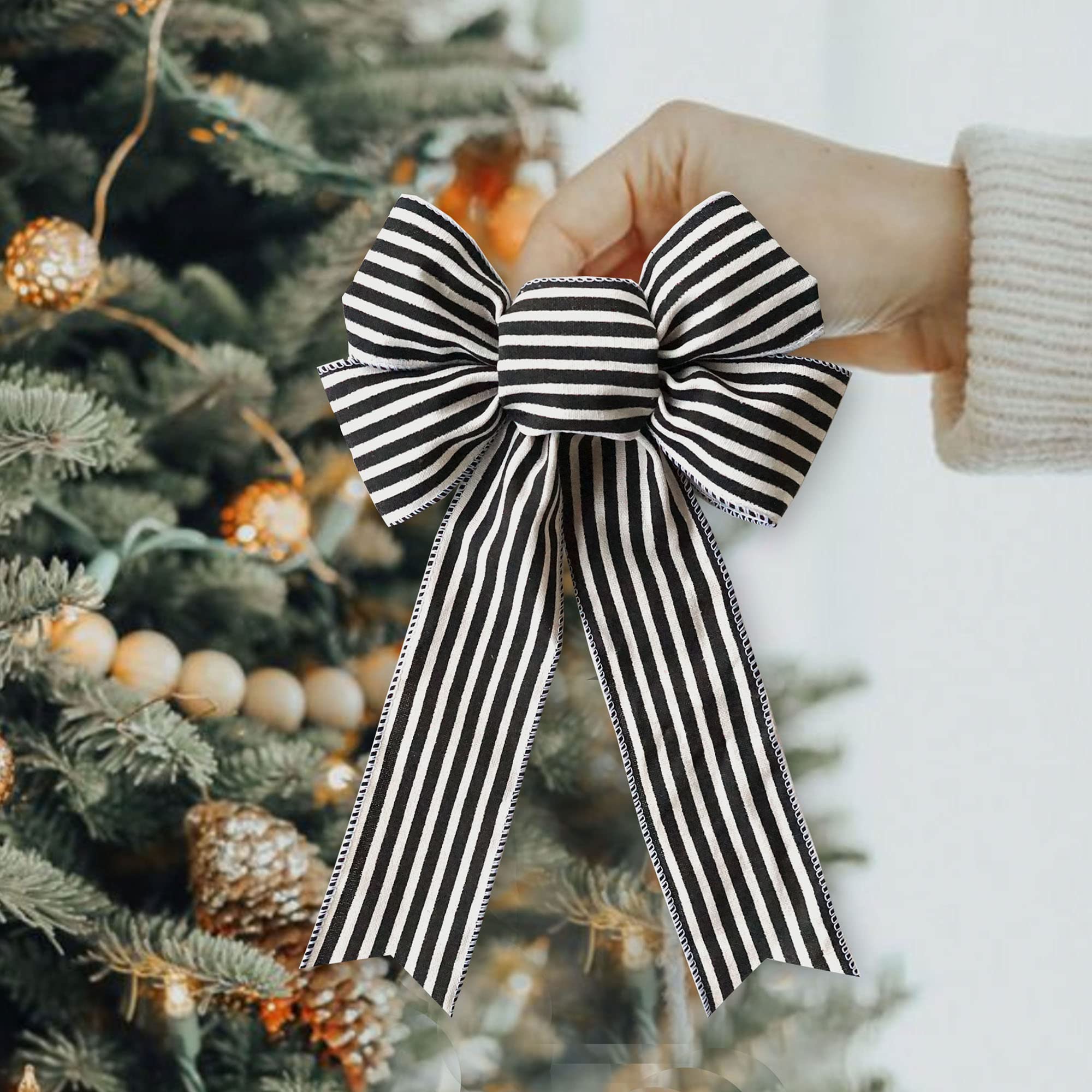 6-Piece Black and White Striped Wreath Bows, 8 x 12.5 Inches Ticking Fabric Christmas Gift Bows - Perfect for Holiday Decorations, DIY Crafts, and Present Wrapping