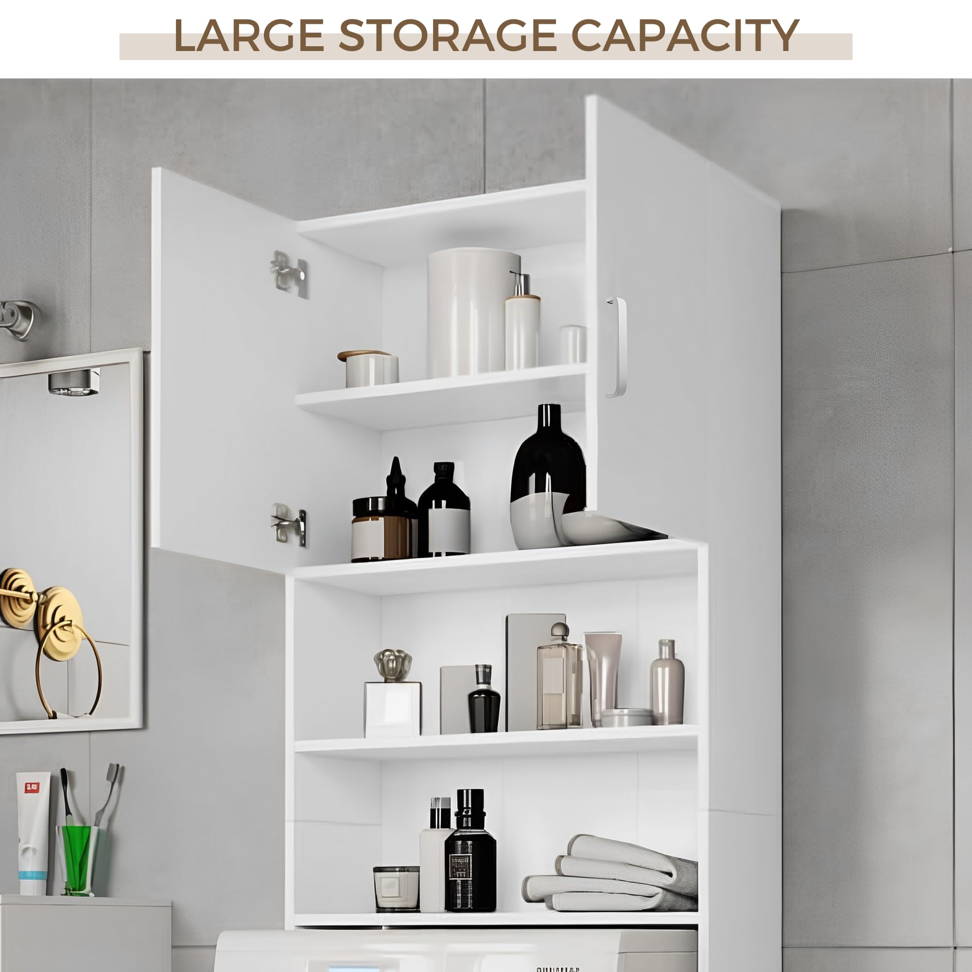 Space-Saving 4-Tier Laundry Shelf Organizer - MDF Wood Storage Cabinet for Washer & Dryer - Perfect for Small Bathrooms & Laundry Rooms