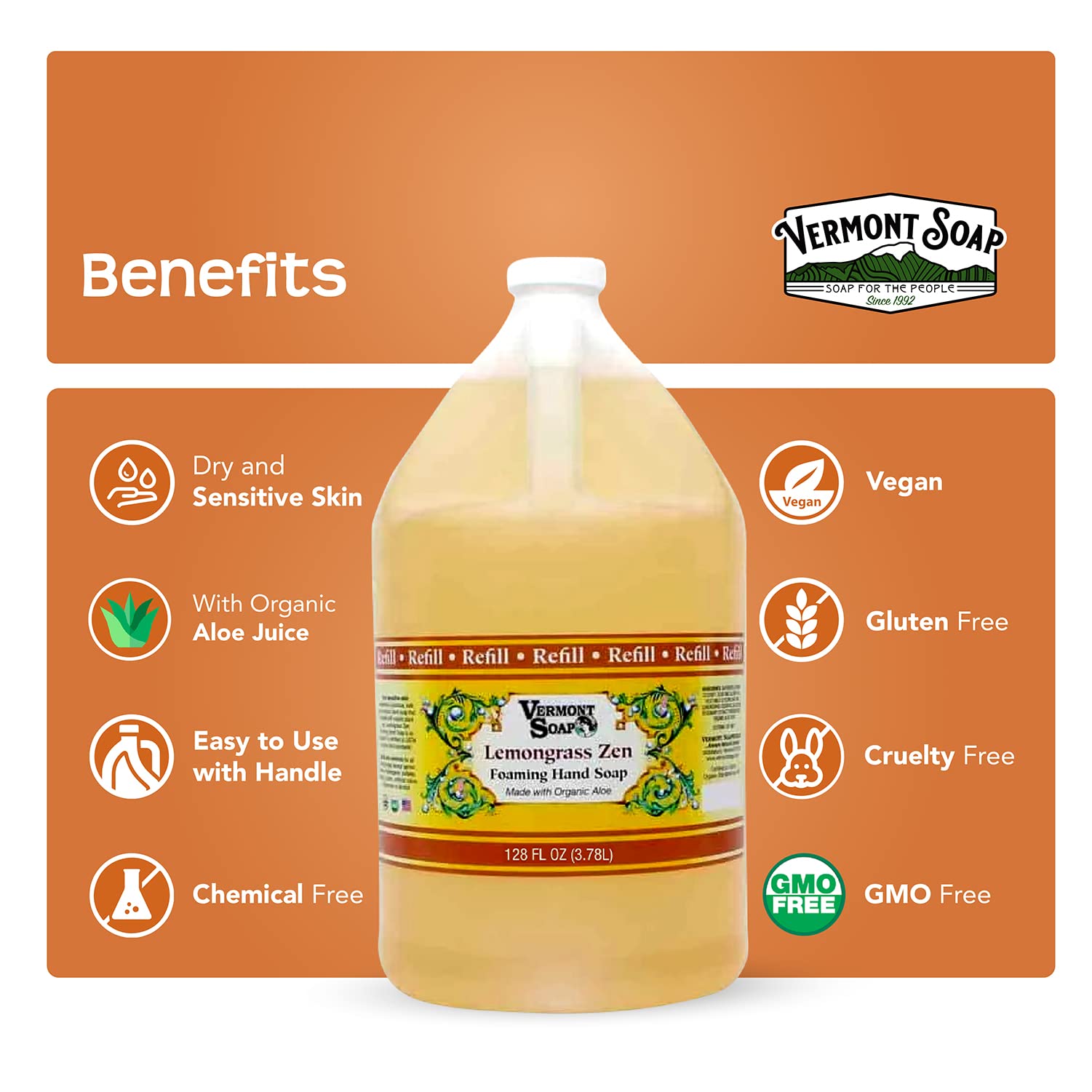 Vermont Organics Foaming Hand Soap - Ready-to-Use Lemongrass Scented Liquid Soap with Pre-Diluted Formula | Gallon Refill Size for Home, Office & Commercial Use | Natural & Economical Hand Wash Solution