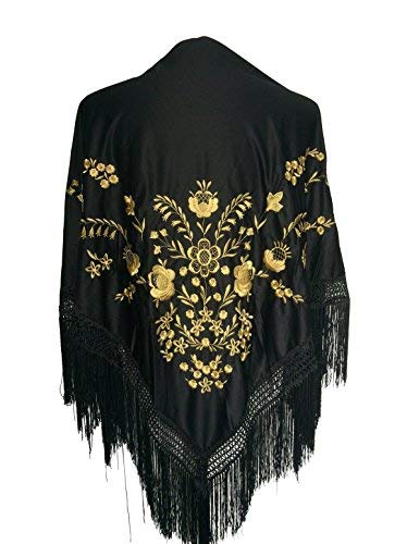 La Senorita Spanish Flamenco Dance Shawl - Large Black with Golden Flowers - Perfect for Flamenco Performances, Dance Costumes & Spanish Themed Parties