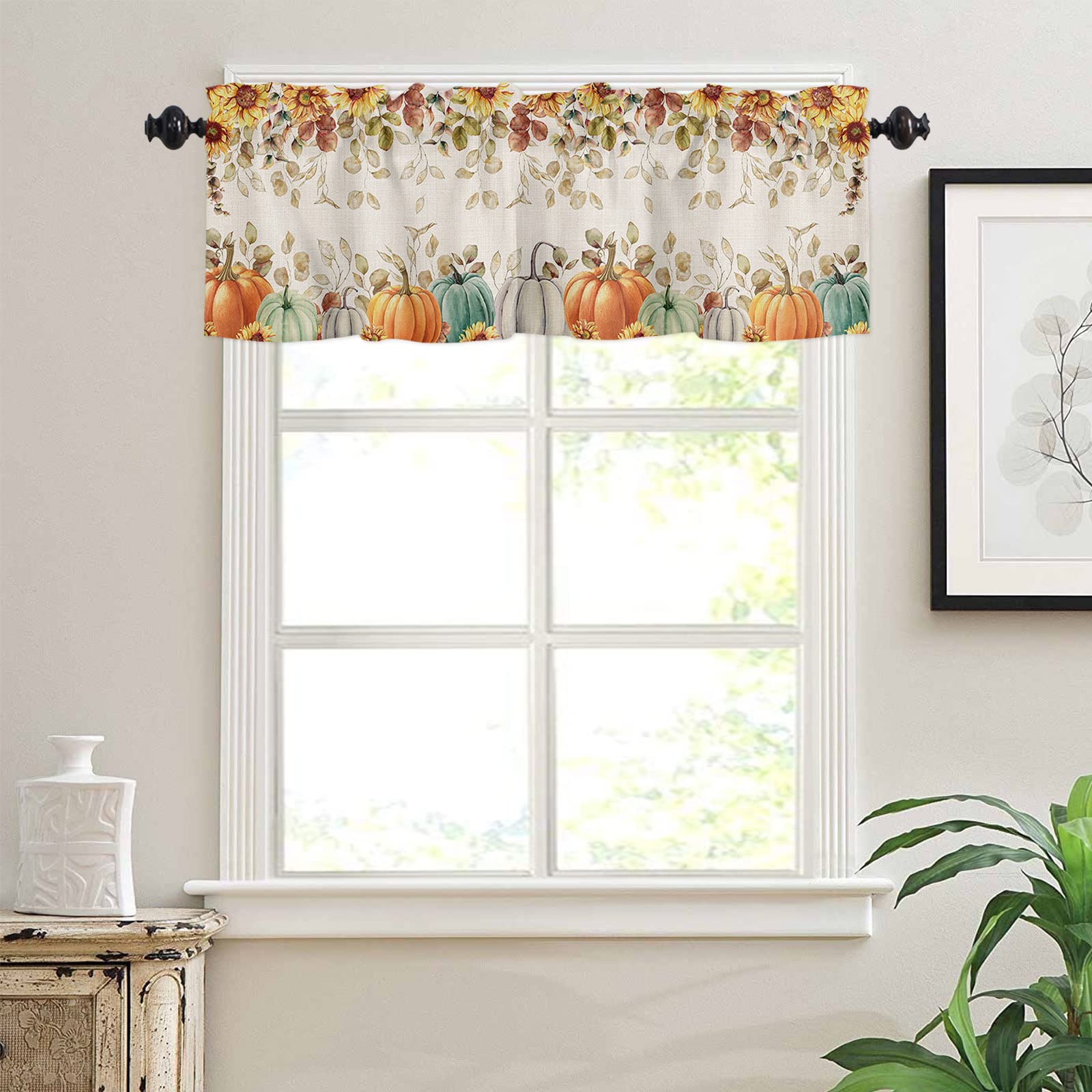 Fall Eucalyptus Leaves Window Valance - Blue Grey Pumpkin Farmhouse Curtain for Living Room, Kitchen & Bathroom - Thanksgiving Sunflower Floral Short Rod Pocket Window Treatment (54x18) - Perfect for Autumn Decor, Seasonal Home Styling and Holiday Gatherings
